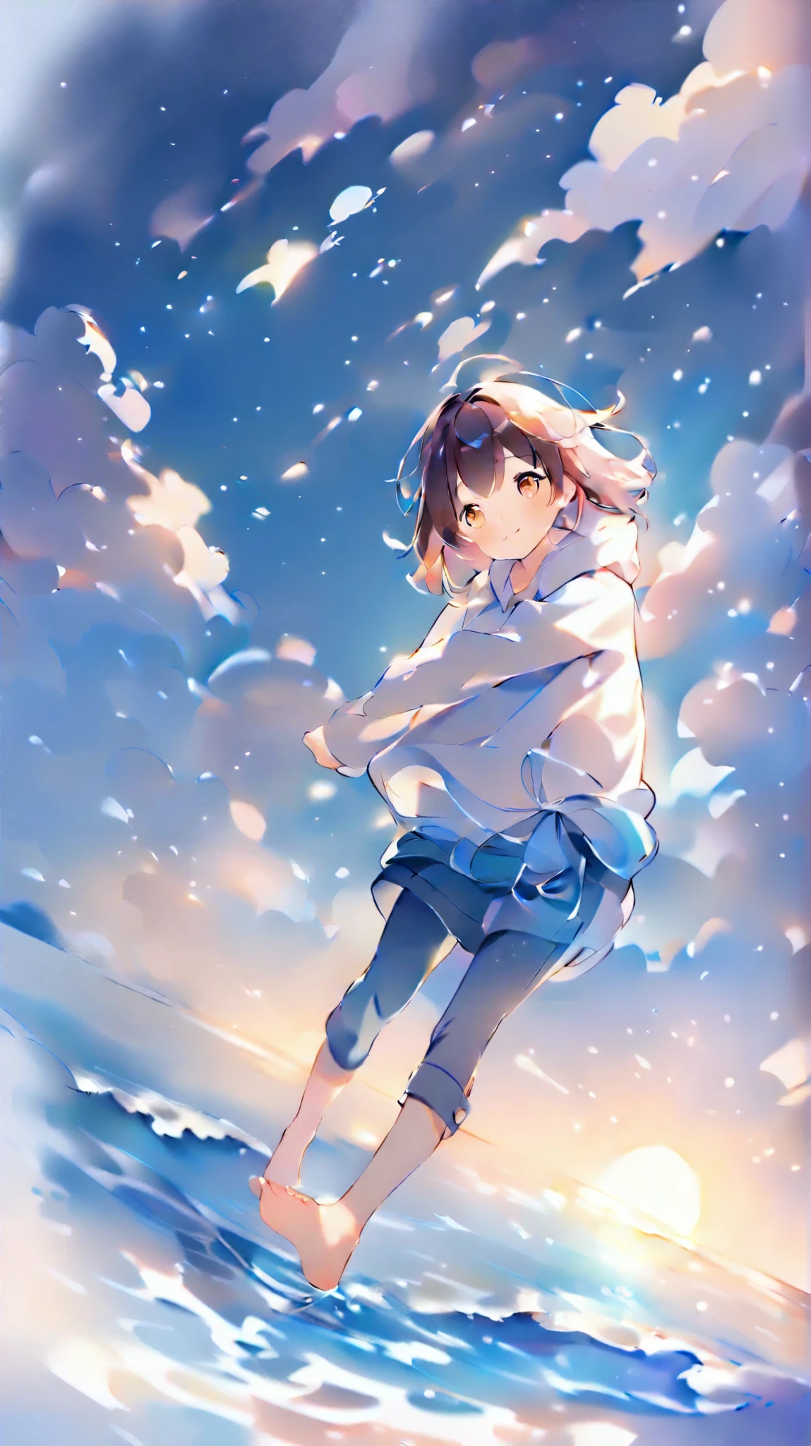 Masterpiece, top quality, watercolor, Full body angle:1.5, in the seat, loose hoodie 、7Cropped trousers、 denim、 Sky Reflected on Sea Surface 、 Mirror-like water surface 、Reflective water surface、I can see your ankles、 barefoot、sunset、Beautiful sky, close, bright, happy, warm and soft lighting, sunset, (:0.7)