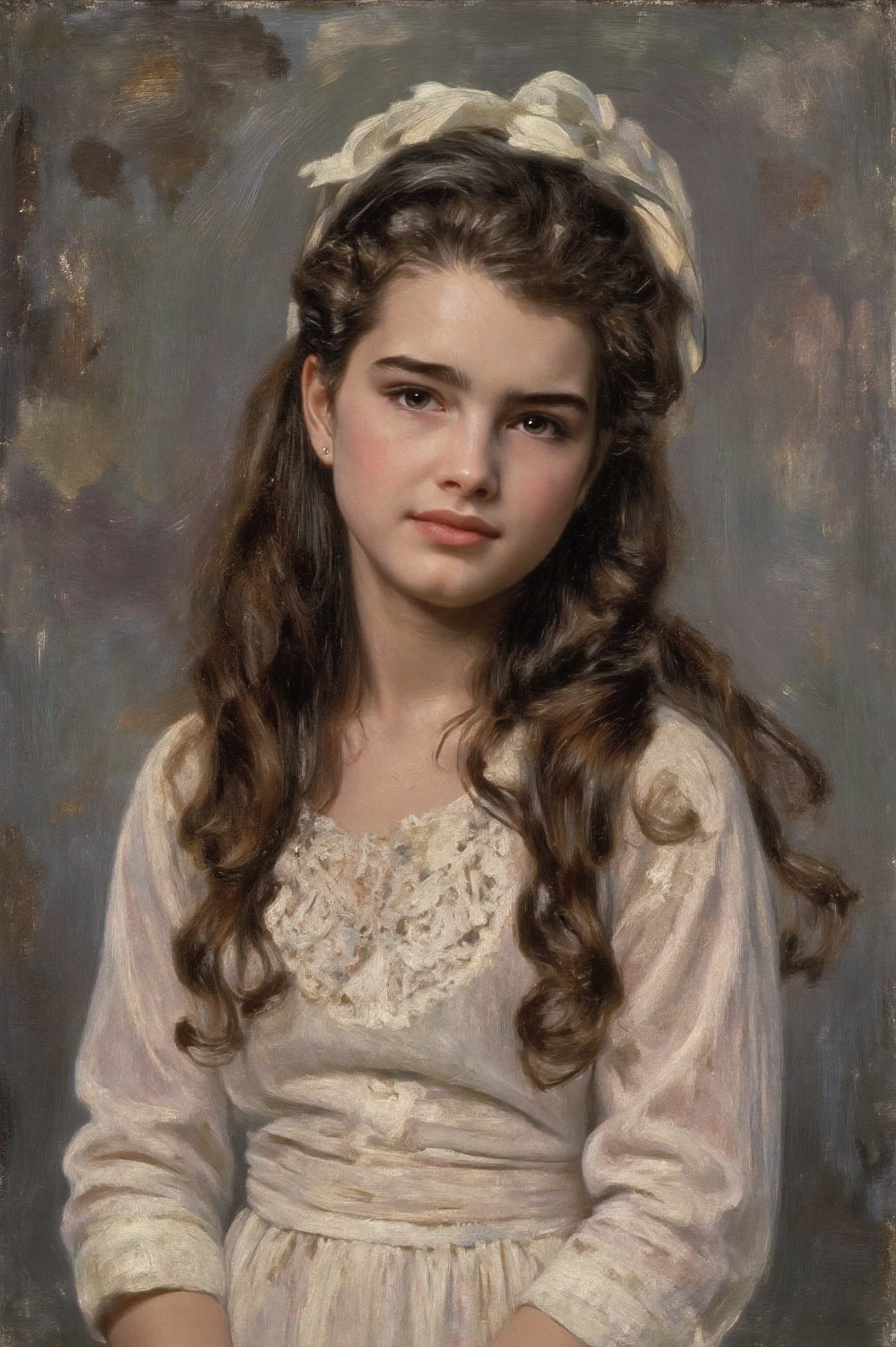 A painting of a young girl with a white dress and a white hat - SeaArt AI