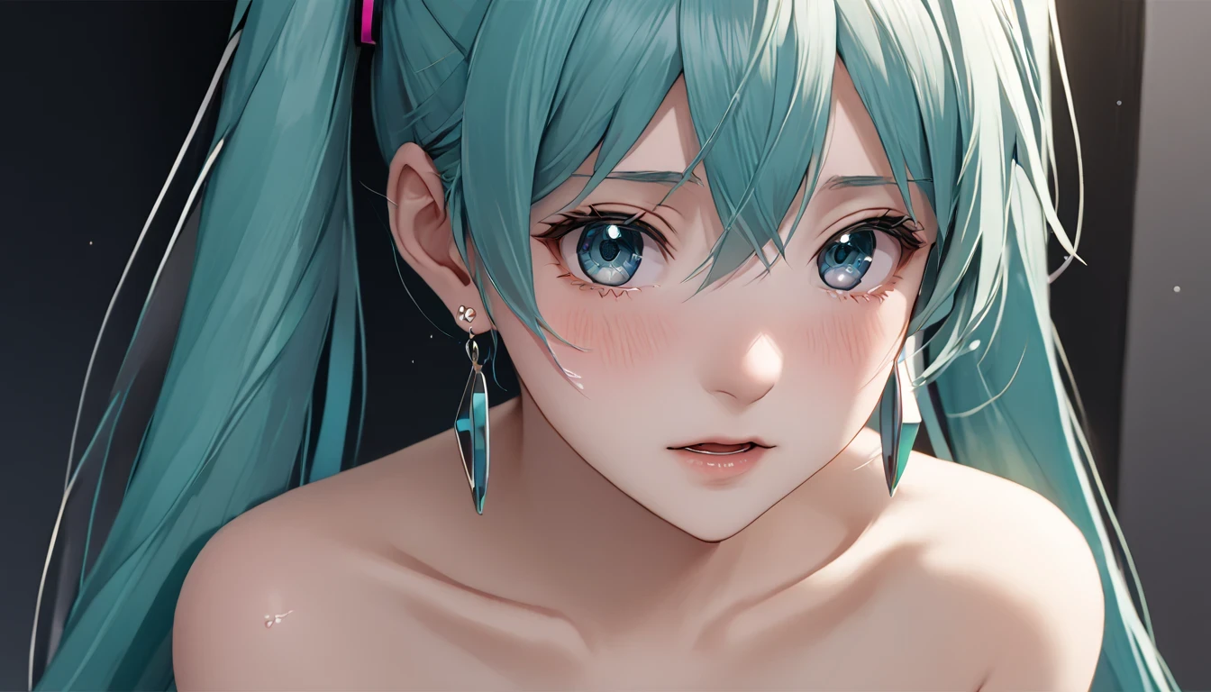 ((( Hatsune Miku)))、(masterpiece, Highest quality:1.2), One Girl, alone,Bony body、、Earrings、、((( No Earrings )))、Sad expression、 shedding tears and crying、 completely naked、 full nude、Close-up、