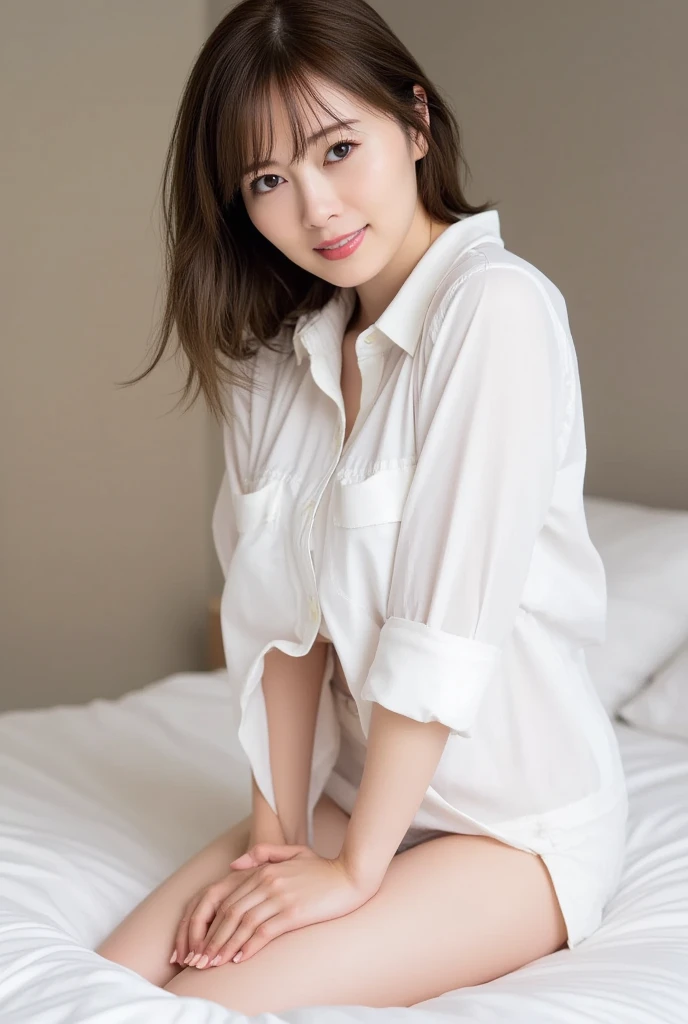super smile, emphasis on chest, (8k, RAW photo, best quality, masterpiece: 1.2), (realistic: 1.6), (masterpiece), (best quality: 1.0), (super high resolution: 1.0), detail, 40s, one, detail beautiful skin, detail room, ,realistic skin, middle breast, best quality, ultra high definition, cute, long hair, smile, , white shirt, , sitting on bed,