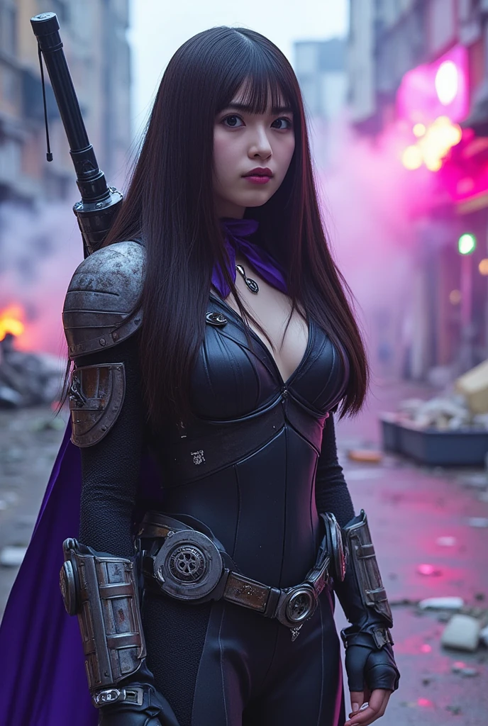 raiden shogun, 1girl, purple hair, closed eyes, laughing, open mouth, orange background, full body, hips up, detailed eyes, detailed lips, long eyelashes, intricate details, digital art, 8k, photorealistic, highres, masterpiece, extremely detailed, hyper detailed, cinematic lighting, vibrant colors, dramatic colors
