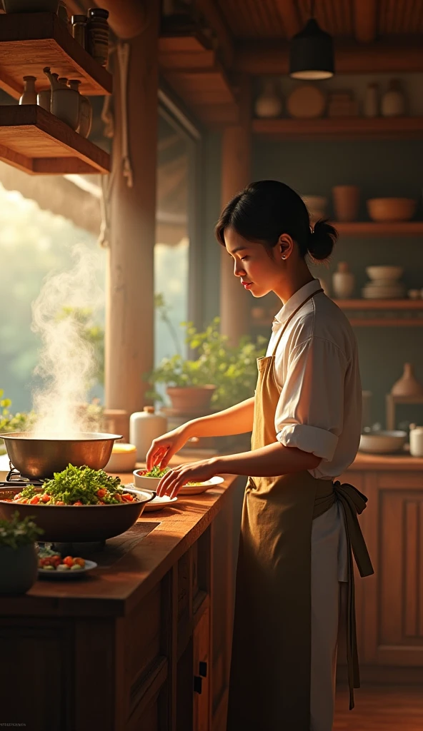 A well-built old Thai woman cooks in the kitchen of a Thai temple. She is boiling Khao Tam. She has cooking utensils and various ingredients for cooking, both vegetables and meat. There is a cat thief waiting to steal food by the window.