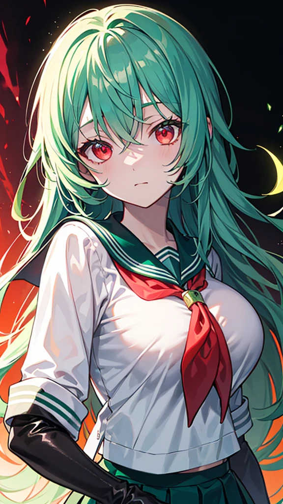 woman, red eyes, long curry wauy half black and green hair. wear sailor uniform school, arrogant, independent woman. background in town. kind smile.