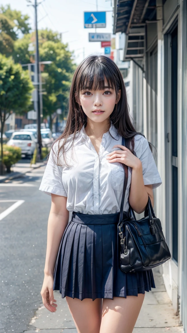 Ultra top quality, masterpiece, ultra high resolution, (photorealistic: 1.4), highly detailed CG Unity 8k wallpaper, detailed and complex, original, high resolution, raw photos, (perfect body shape), finely complex, DSLR, soft lighting, high quality, film grain, depth of field, Leica camera, 50mm lens, backlight, HDR, hyperrealistic, color grade, dynamic pose, portrait, Japan person, smile, lips, shortcut, bangs, (crowded akihabara: 1.2), front view viewer, natural light, girl, 20 years old, full body, solo, student, high school, uniform, sailor color, bobby socks, pleated skirt, daytime, on the street, deep shadow, cute, beauty, discreet, cold light 12000K\Street, store status, Akihabara, Shinjuku, Shibuya, Ikebukuro, detailed realism, skin texture, super detailed, realistic skin texture, (dramatic, award-winning photos, incredible masterpieces: 1.3)