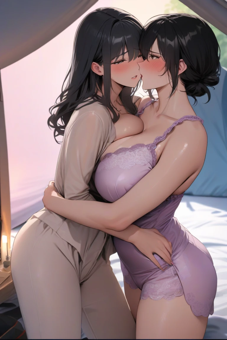 Hot sexy beautiful  milf passionate kissing with ugly fat old man on bed, shiny glowing silver hoops earrings,big breasts, ,black hair, Japanese hairstyles ,off shoulder sweater,bare legs 