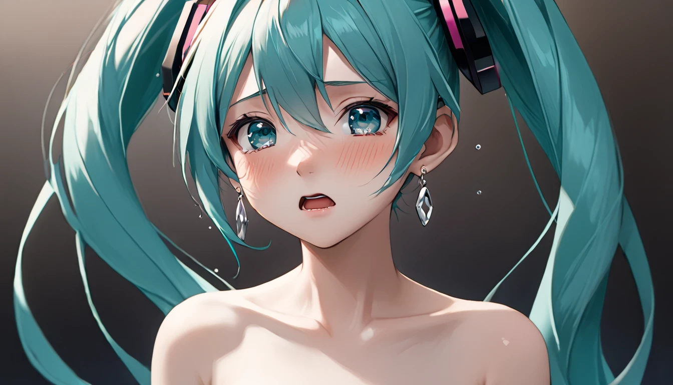 ((( Hatsune Miku)))、(masterpiece, Highest quality:1.2), One Girl, alone,Bony body、、Earrings、、no earring、 completely naked、 full nude、Medium bust、 big protruding nipples、Sad expression、 shedding tears and crying、 close-up、