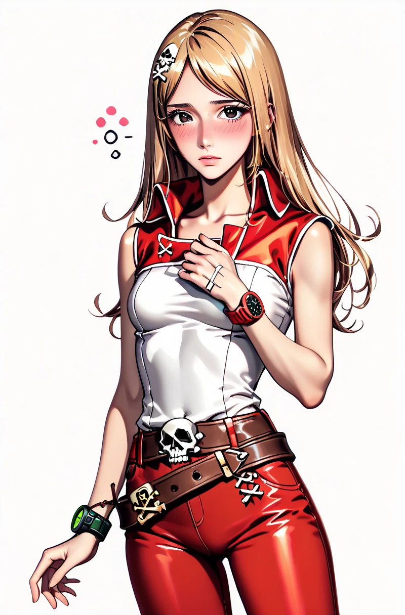 (kind_smile),(red lips:1.4),epic-Ultra-HD-details, epic-Ultra-HD-highlights, anime-upscaled-resolution,(realistic, photo-realistic:1.37), precise and realistic hair:1.1), beautiful detailed eyes, extremely detailed eyes and face, awardwinning, amazing details, super detail, best quality, 1080P, 8k, masterpiece（fullbody shot：3.0）, 1girl, asymmetrical bangs, ????????????, (red leather jack:1.2), glowing white hair,asymmetric bangs,(white short bobcut),(back side long single ponytails),(long single ponytail wafts to the ?????),necktie between ???????, midlle ???????, Glowing, eyes, (bone devil horns:1.5), eye shadow, Eyeliner, devil tail, Black Halo, tattoo on ???????, hair strand, (((detail bones)))