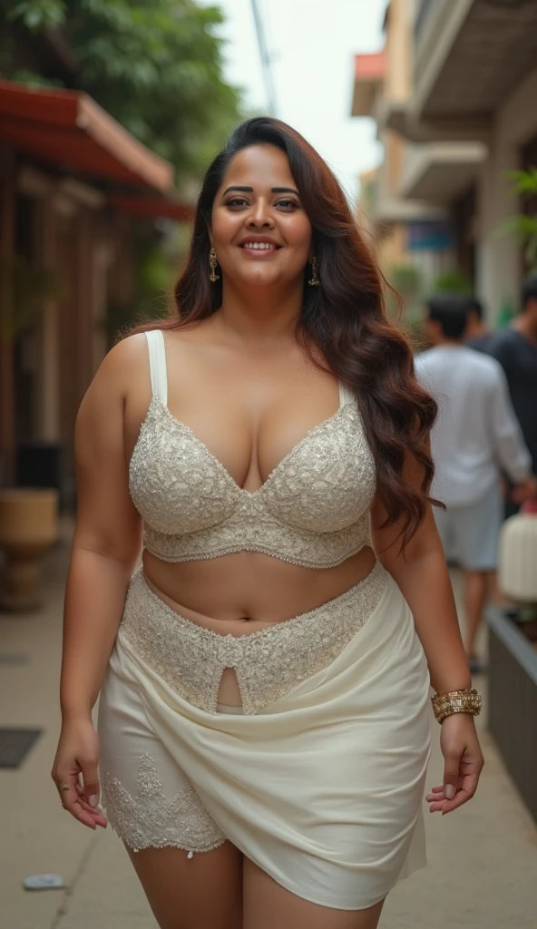 Indian beautiful actress Madhubala sexy curvy plus size body beautiful actress wearing Indian bridal dress with ornaments on the road having white clouds in the night light, camera front facing, smilling face, head to toe view, full body shot, hourglass body shape, curvy plus size body, thick thighs, bigger thick fleshy hips, fleshy thighs, m-cup breasts, full body view, head to to view, full body shot, beautiful curves, curvy model, attractive curves, attractive feminine curves, gorgeous woman, road having white clouds in the night light background,
