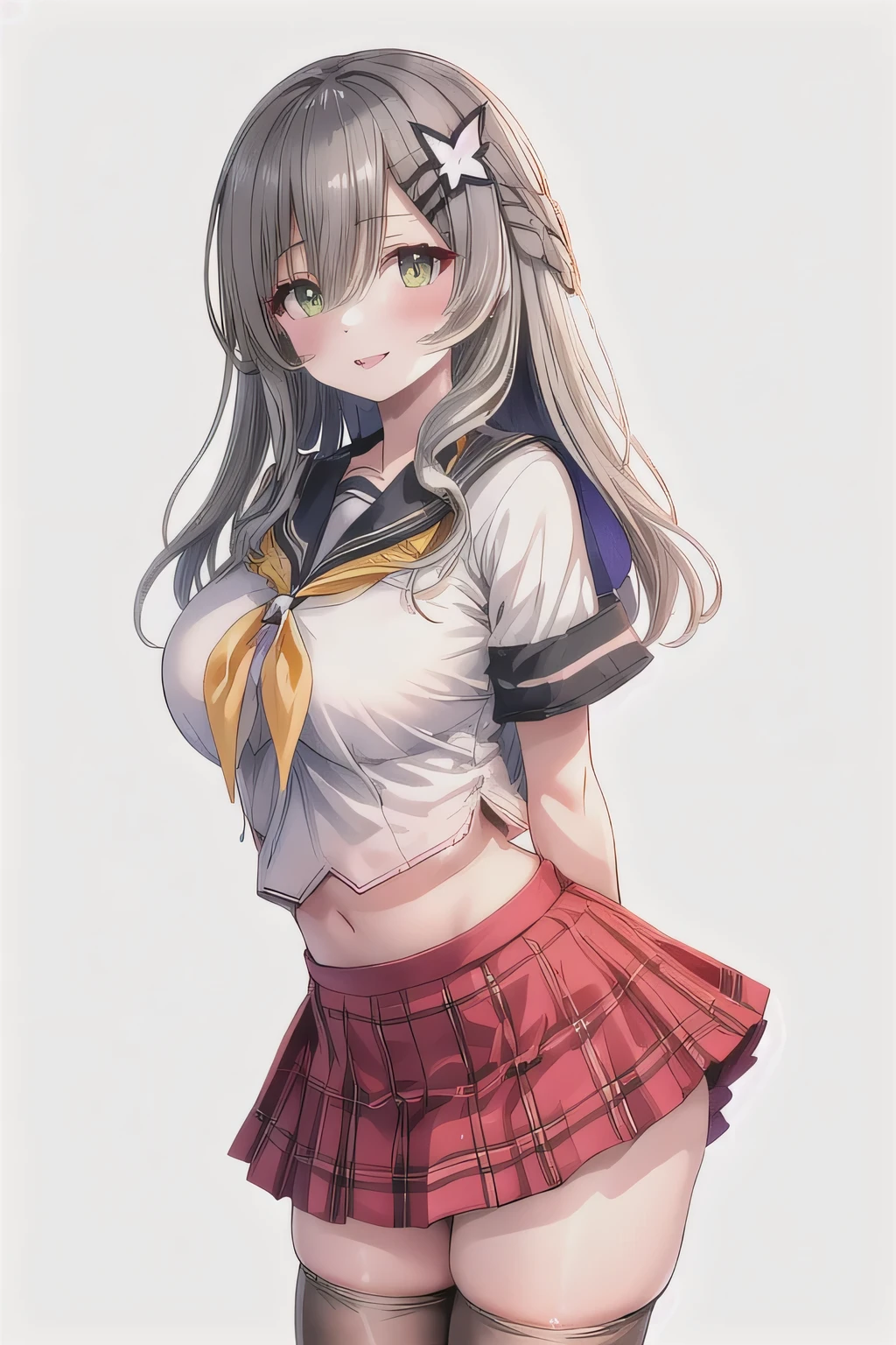 1girl, solo, looking at viewer, upper body, parted lips, smile, happy, white background, school uniform, serafuku, short sleeves, arms behind back, thick thighs, thighhighs, skindentation, plaid skirt, long hair, hair ornament, large breasts, mature female