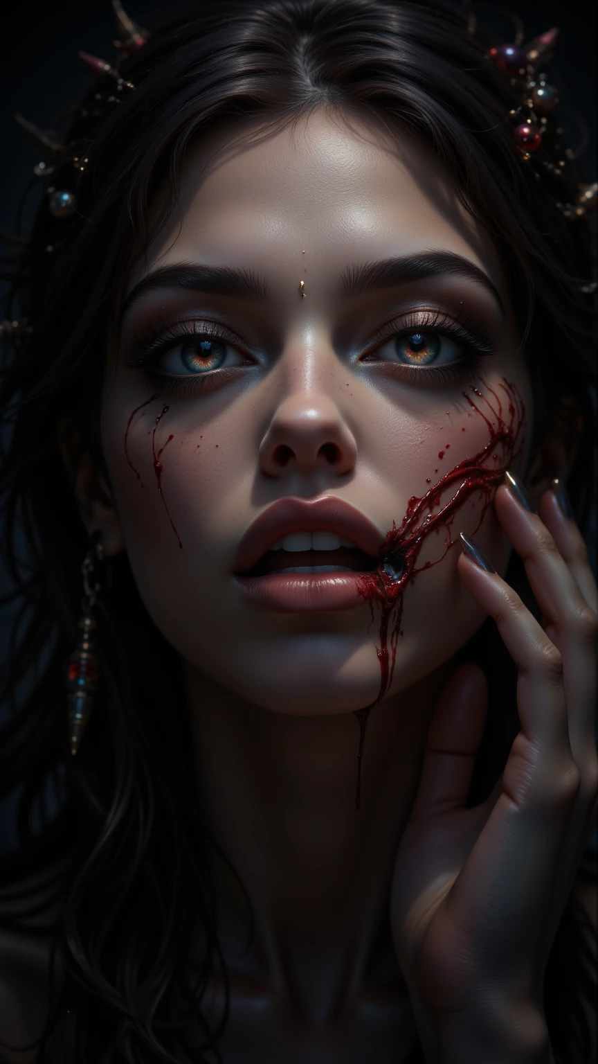 Beautiful Gothic Zombie sleeping and smile in Uniform ; ben bauchau, michael garmash, daniel f gerhartz, clint cearley, carne griffiths, jean baptiste monge, strybk style, warm dreamy lighting, matte background, volumetric lighting, pulp adventure style, fluid acrylic, dynamic gradients, bold color, illustration, highly detailed, simple, smooth and clean vector