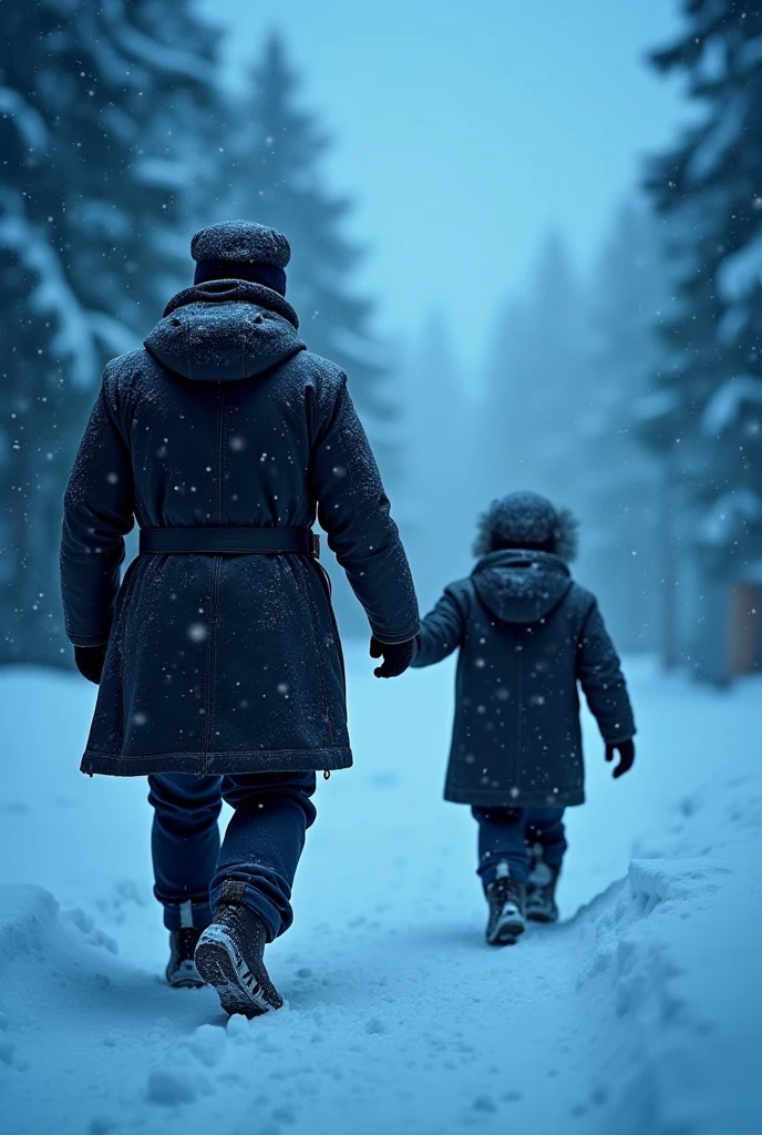 A blind girl of 8 years with her father in a cold weather area 