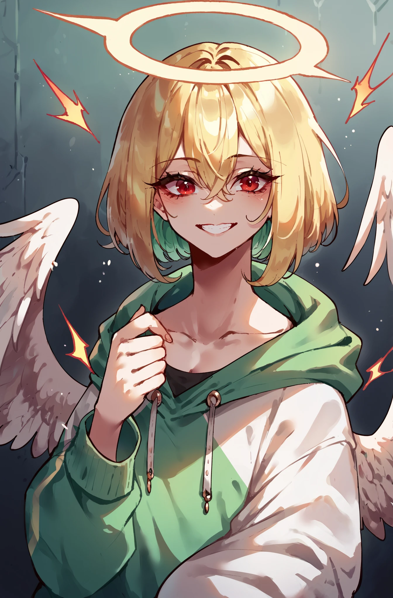 score_9,score_8_ upwards,score_7_ upwards,score_6_ upwards,score_5_ upwards,score_4_ upwards 1girl,One, Blonde girl light golden hair , bangs, hair between the eyes with a bob cut , poisonous green hair , big red eyes , long lashes , pearl white skin , sly smile, white modern oversized hoodie, one white angel wing behind , one wing torn off , rainbow halo above the head , Shine, sparks in the dark , neon green aura