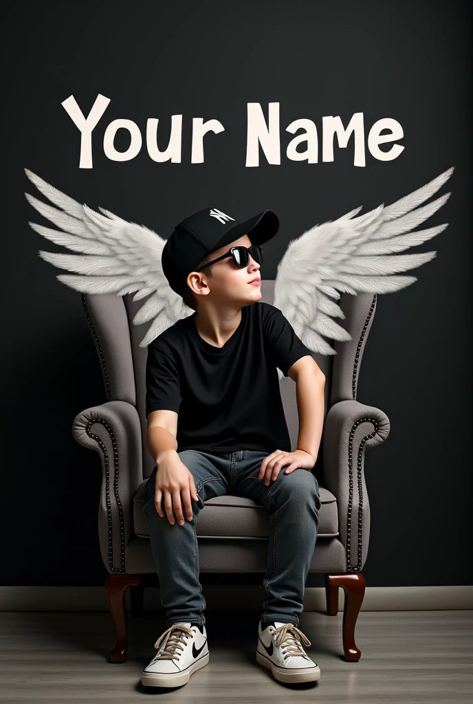 Create a 3D illusion for a WhatsApp profile picture where a boy in a black shirt sits casually on a Wingback Chair. Wearing sneakers ,a black cricket cap, and sunglasses, he looks ahead. The background features "your name " in big and capital white fonts on the black wall. There should not be his shadow, and there are wings to make it appear as if he is an angel