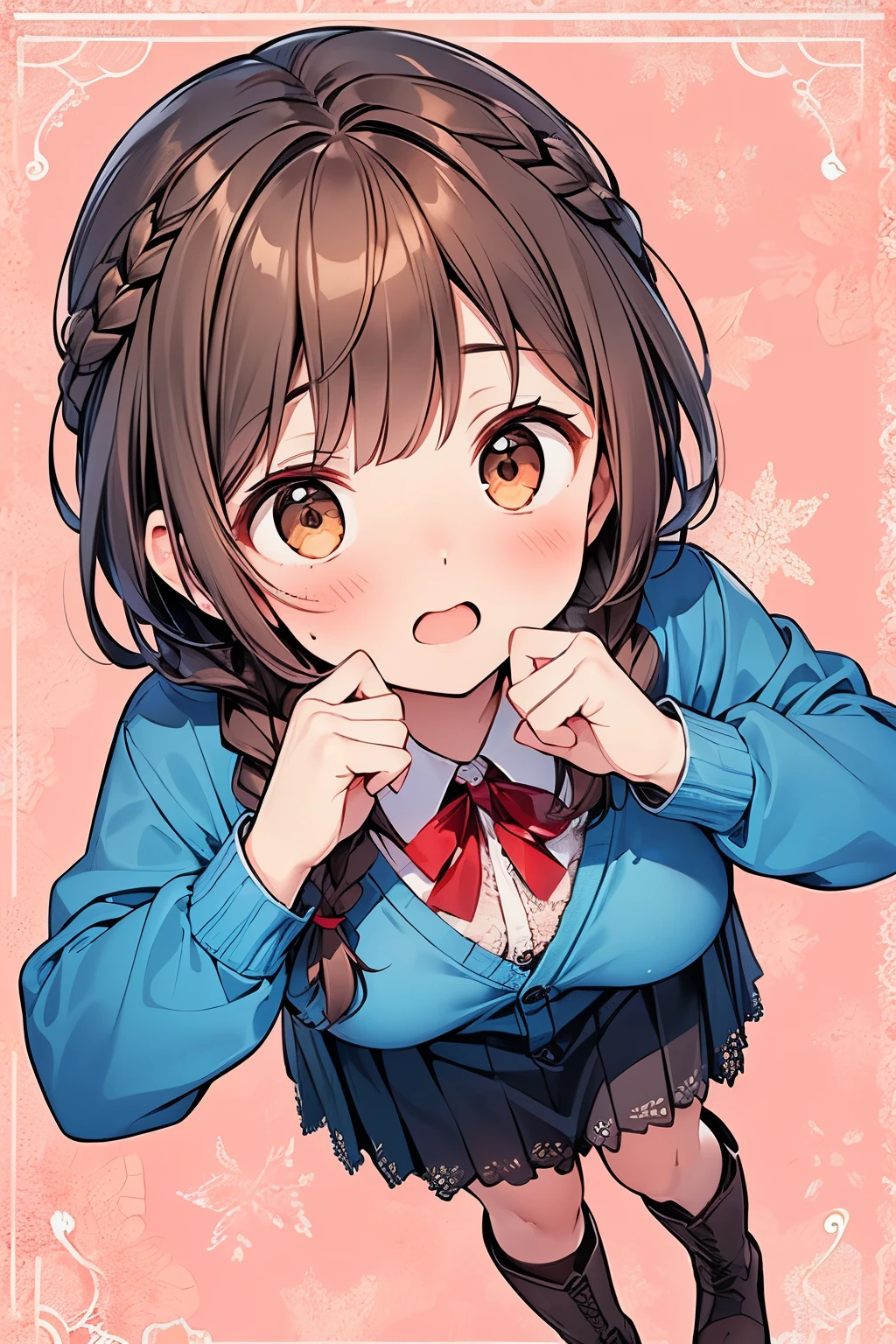 ((brown hair:1.25)),((braided medium hair:1.25)),((brown eyes)),(front view:1.0),(Thick clothing and long sleeves:1.1),(blue check pattern cardigan:1.1),((knee length skirt:1.1)),(hands to own face:1.1),//,((coralpink lace pattern background:1.1)),((Many question mark:1.0)),plump breasts,(looking viewer:1.0),(open your mouth:1.1), surprised face,Astonishment, surprised,(Top view:1.0),((platform boots:1.0)),