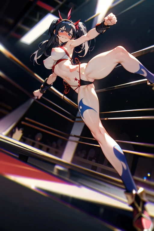 1 sexy gymnast, performing in the middle of a stadium, mid-performance, wearing a sleek leotard, front view, bright stadium lights, large crowd in the background, athletic and toned body, confident expression, elegant pose, long hair tied back, high quality, highly detailed, masterpiece, dramatic lighting