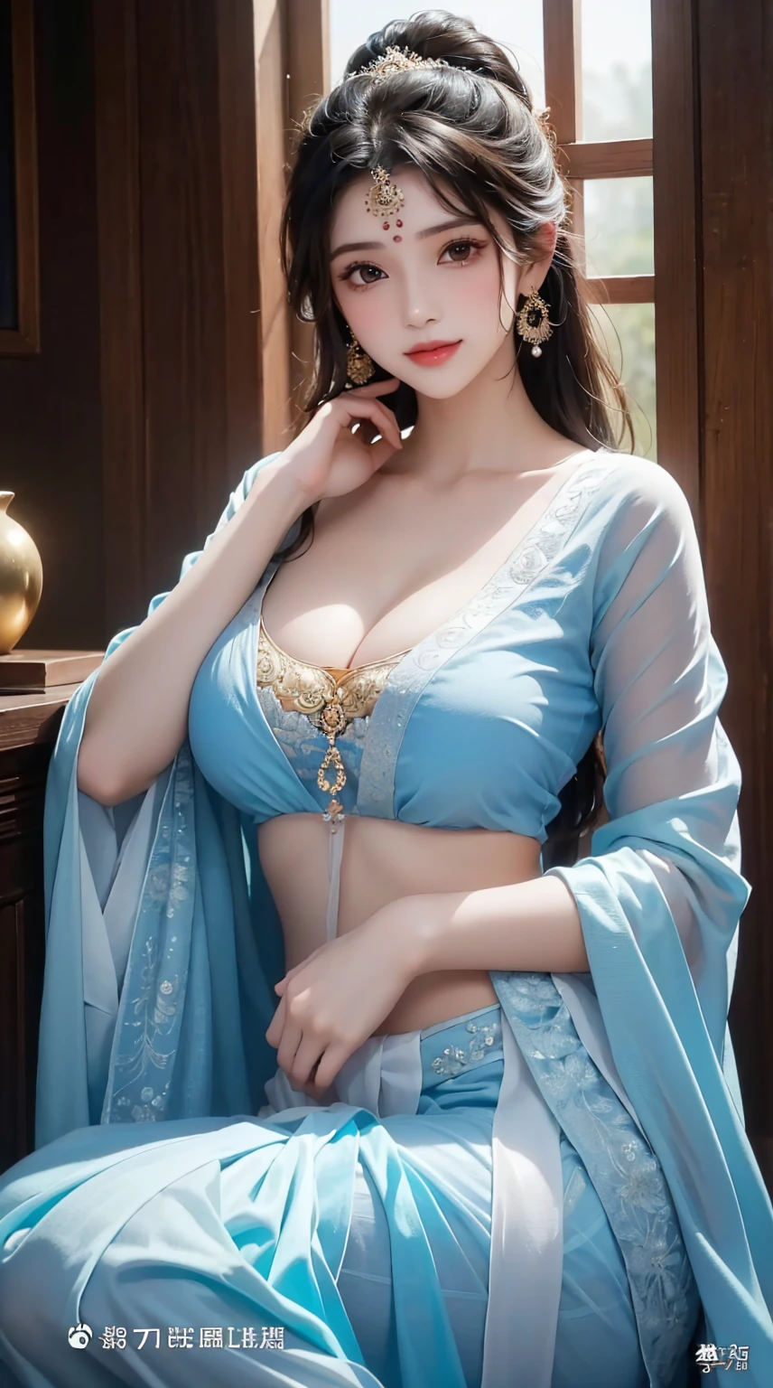 ultra realistic 8k cg, HDR, beautiful detailed glow,film Reflection, epic, (fantasy landscape), ((rich, prestige)), perfect artwork, masterpiece, picture-perfect face, perfect face, beautiful face, ((perfect female body)), charming, seductive, erotic, alluring, enchanting, mature female, narrow waist, goddess, deity, divine queen, ((wavy medium hair)), dark blue hair, green eyes, glowing eyes, looking at viewer, ((intricate detail, delicate pattern)), science fiction, jewelry, gem, platinum, diamond, gorgeous stole, lace, lace trim, lace-trimmed legwear, delicate pattern, intricate detail, (rich:1.4), dynamic pose, ((large breasts)), ((outdoor)), dancing, in highland at castle balcony, daytime, ((sunny)), sun lights, wet sweat oily skin,