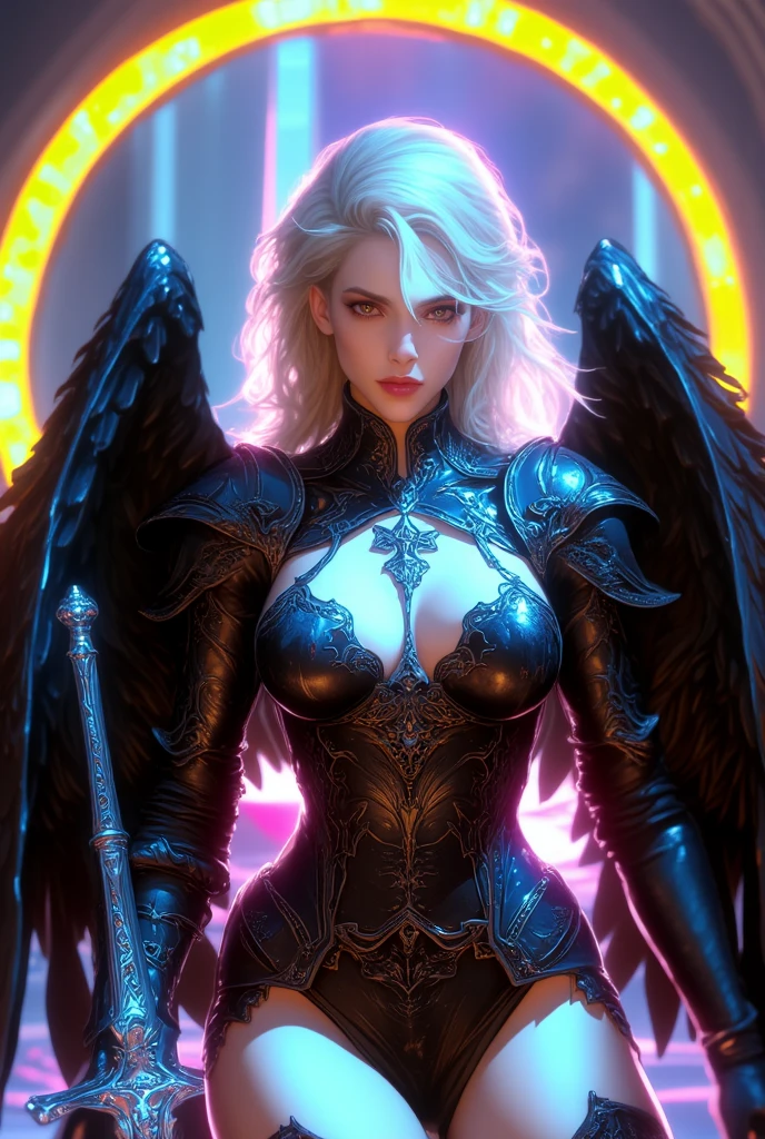 1fullbodyimage of a extremely cute Japanese young woman with albino skin and flowing hair, wide hips, well rounded legs, in a black and silver miniskirt outfit with black wings wielding a katana, Beautiful round breasts, Glossy lips, Perfect abs, (Perspectiveal), Tight waist, Inner seam, hourglass body shape, navel, Blush, Voluptuous, huge breasts, tight top, beautiful dark angel girl, warrior angel, villainess has black angel wings, angel knight gothic girl, angel in glossy metallic black and silver armor, crown in armour, stuning fantasy 3 d render, angel knight girl, cinematic volumetric lighting, ultra realistic, shot with Sony Fx6, (Glossy albino skin: 0.8), (Masterpiece: 1.4), (Best quality: 1.4), Natural(Big:1.25), Glossy lips, Perfect abs, (Perspectiveal), Tight waist, Inner seam, hourglass body shape, navel, Blush, Voluptuous, huge breasts, tight top, cinematic volumetric lighting