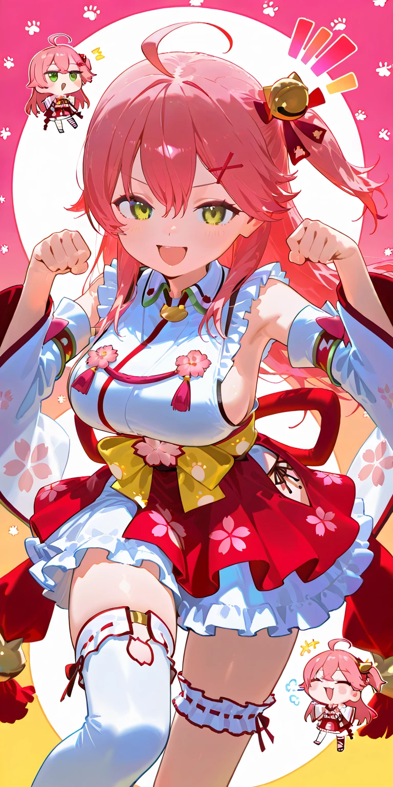 masterpiece, best quality, highres, miko1, sakura_miko, 1girl, green eyes, solo, ahoge, x_hair_ornament, pink_hair, floral print, hairclip,side_less_clothes, (sideboobs:1.4), hair_bell, floral print, long_hair, hair between eyes, one side up, white thighhighs, asymmetrical legwear, wide sleeves, open_mouth,happy,close_eyes, smile,jumping,rising_leg,plump,apart_legs,(overly_long_sleeves:1.1),(beautiful_fingers),sleeves_past_wrists,hands_hidden_sleeves