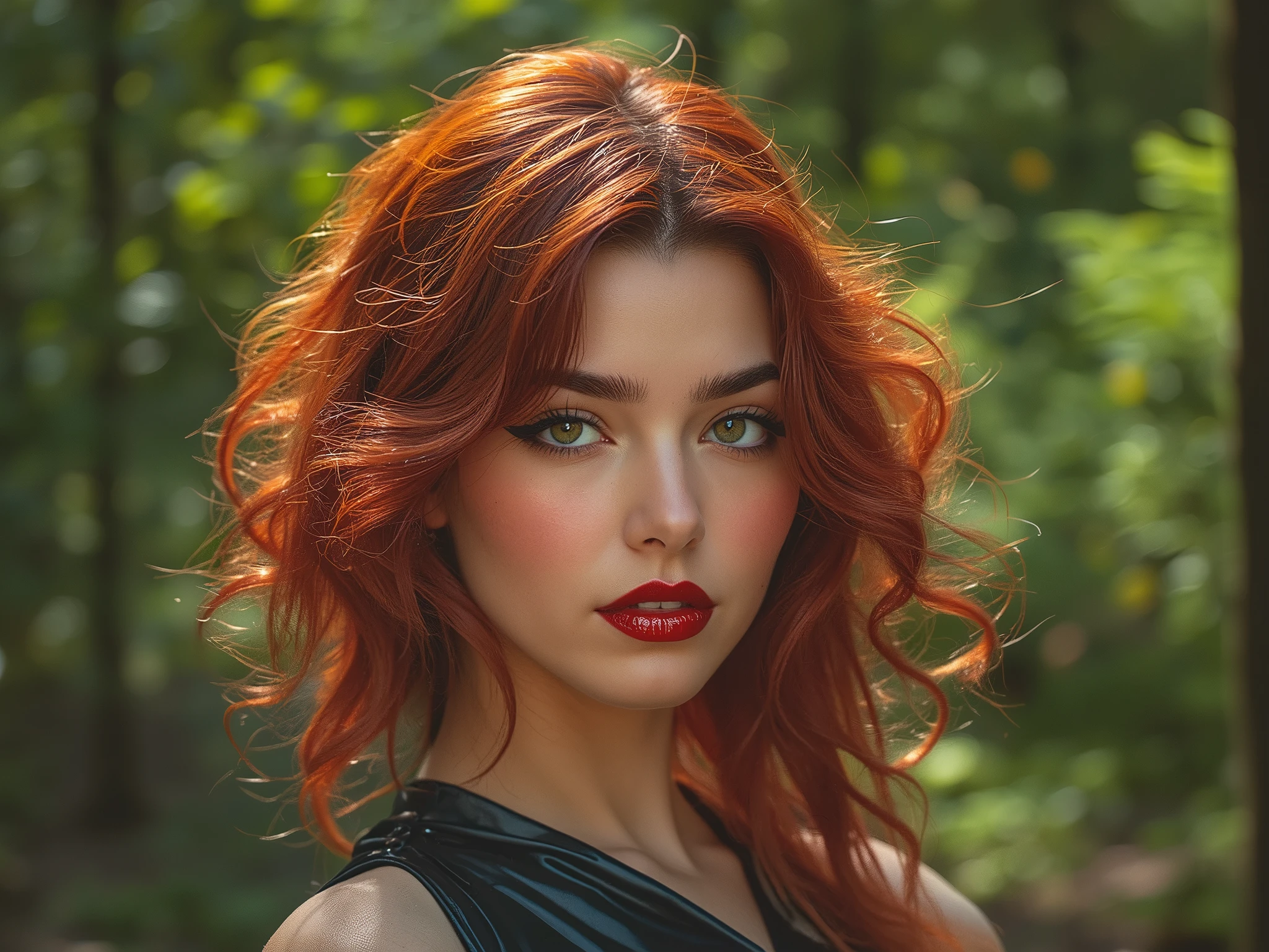deep red lips, lip gloss, shiny lips, eyeliner flicks, thick eyeliner, latex outfit, cute makeup, red hair, green eyes, in a brightly lit forest,