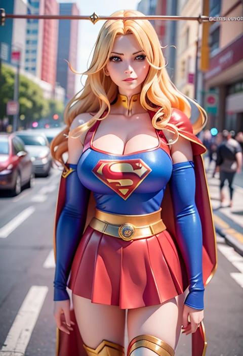 The character Supergirl, perfect blue and red costume with the traditional "S" in the chest, shiny little blue eyes, extremely beautiful blond hair, beautiful smile , perfect anatomy and extremely beautiful face, hyperrealistic face