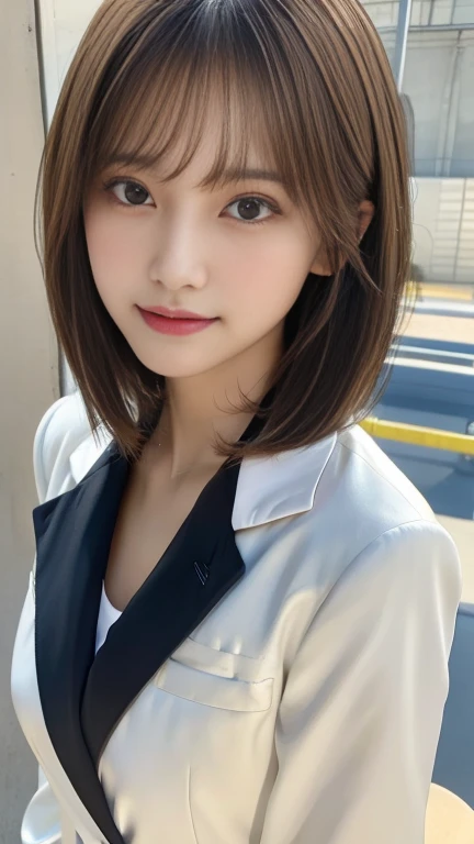((Highest quality、masterpiece、High resolution))、(((Enlarged photo from the front、Wet body)))、(A shy smile:1.2)、One Woman, 20-year-old、blazer、shirt、Cleavage、Shorn bangs、semi-long、Blonde、room