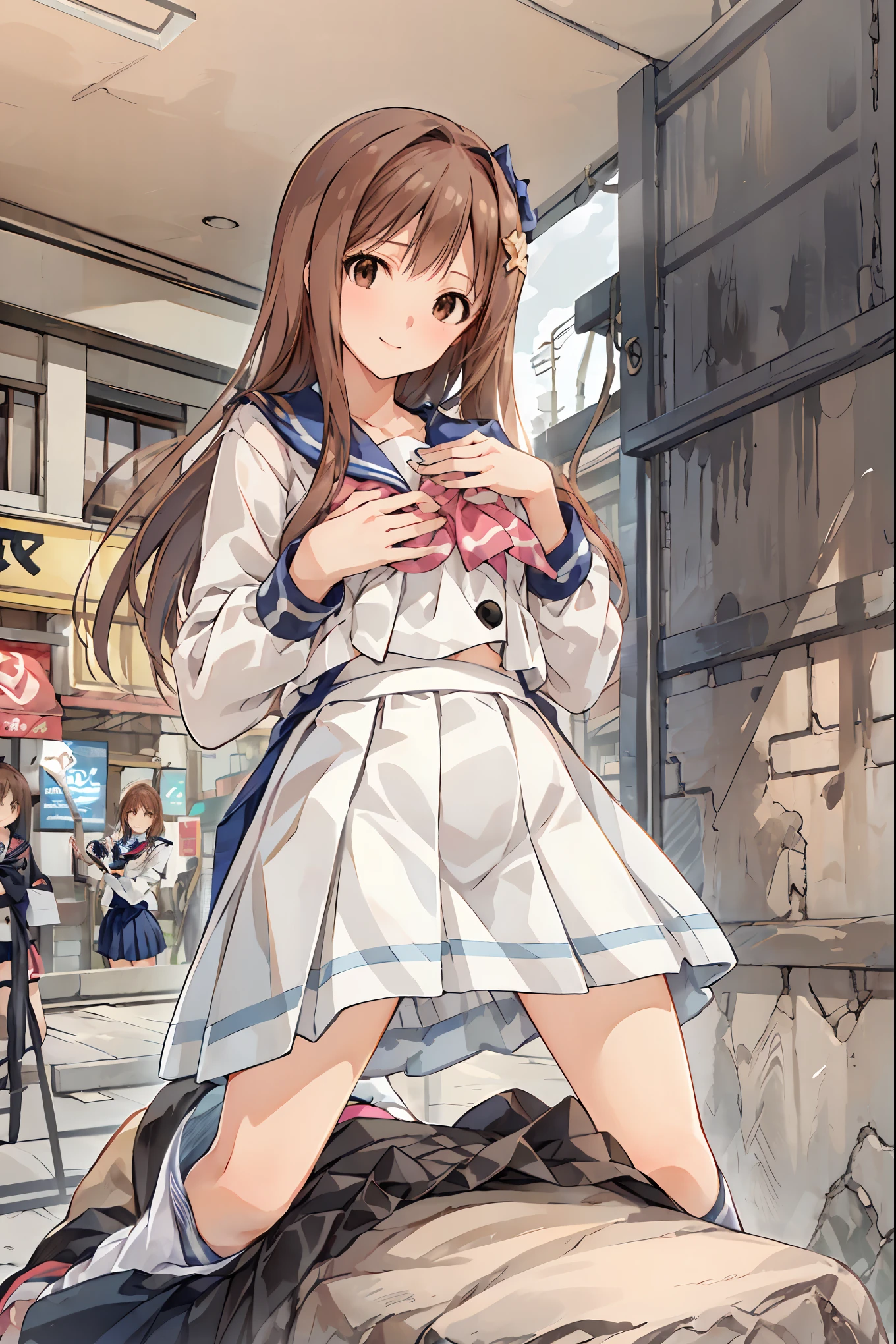 masterpiece, Top Quality, 非常に DetailsなCG Unity 8K壁紙 , Ultra-realistic 8k CG, perfect artwork , Perfect Female Body Type, Dramatic shadows , ( spotlight, viewer , Details light , ((( in the seat))), (( SHARP FACE )), (( brown hair, wave hair)), ((( sexy pose with skirt on top ))), model body type , open legs, big breast , (( cute face)), ( smiles gently: 1.2), ( An asymmetrical hairstyle that grabs the chest , beautiful eyelashes ), Beautiful appearance , ( beautiful bust line:1.2), (Chest), beautiful girl, beautiful facial features representing a perfect face, cold, Natural beauty , sweated, slender body, Light and beautiful thigh expression , high school girl, high school uniforms , Show me a sailor suit , pleated skirt , loose socks, On the Streets , night , ((( standing))), Award-winning photo , Details, realistic light and shadow , 8k resolution, professional lighting , ( Shiny Skin:0.9), Perfect Hands,