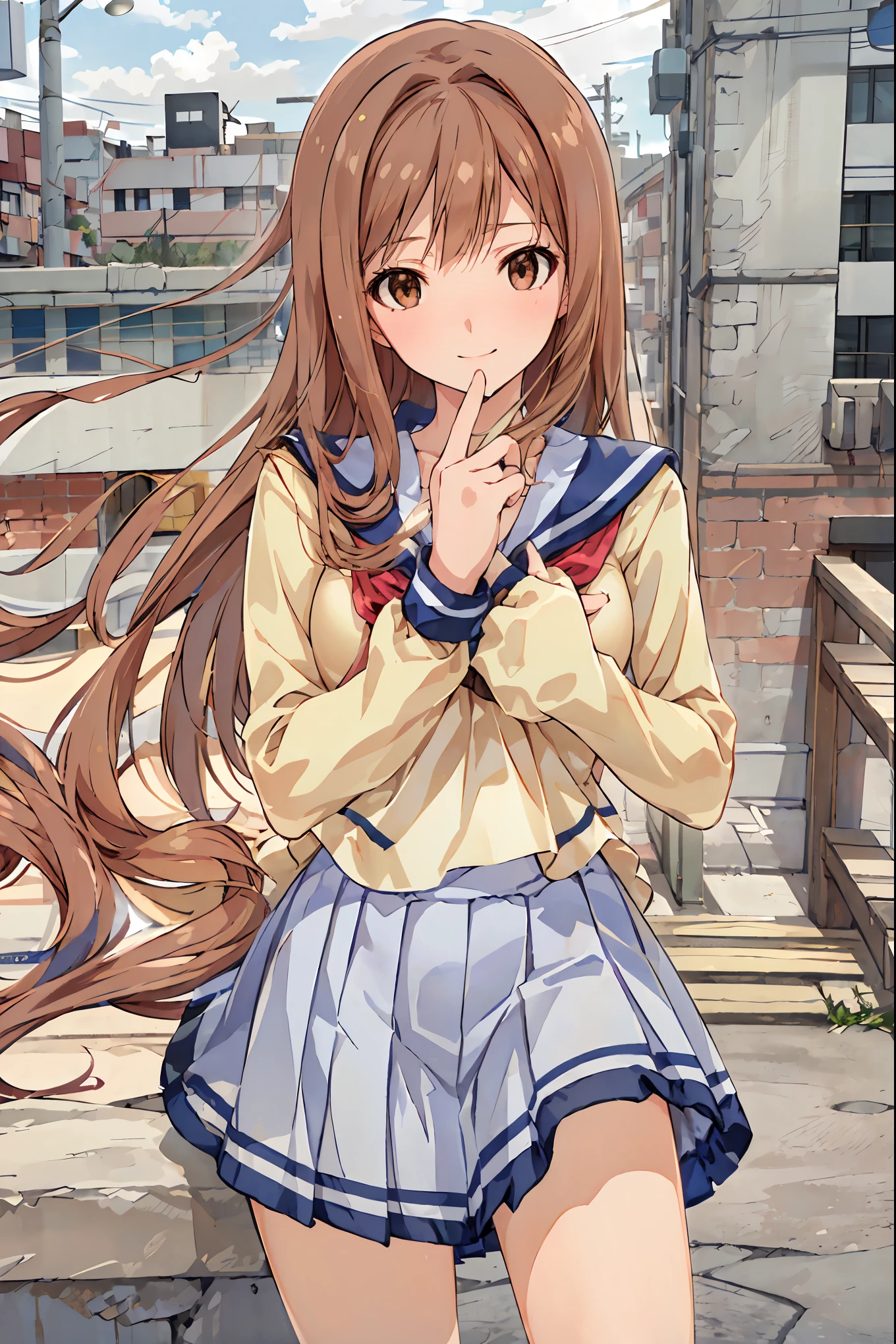 masterpiece, Top Quality, 非常に DetailsなCG Unity 8K壁紙 , Ultra-realistic 8k CG, perfect artwork , Perfect Female Body Type, Dramatic shadows , ( spotlight, viewer , Details light , ((( in the seat))), (( SHARP FACE )), (( brown hair, wave hair)), ((( sexy pose with skirt on top ))), model body type , open legs, big breast , (( cute face)), ( smiles gently: 1.2), ( An asymmetrical hairstyle that grabs the chest , beautiful eyelashes ), Beautiful appearance , ( beautiful bust line:1.2), (Chest), beautiful girl, beautiful facial features representing a perfect face, cold, Natural beauty , sweated, slender body, Light and beautiful thigh expression , high school girl, high school uniforms , Show me a sailor suit , pleated skirt , loose socks, On the Streets , night , ((( standing))), Award-winning photo , Details, realistic light and shadow , 8k resolution, professional lighting , ( Shiny Skin:0.9), Perfect Hands,
