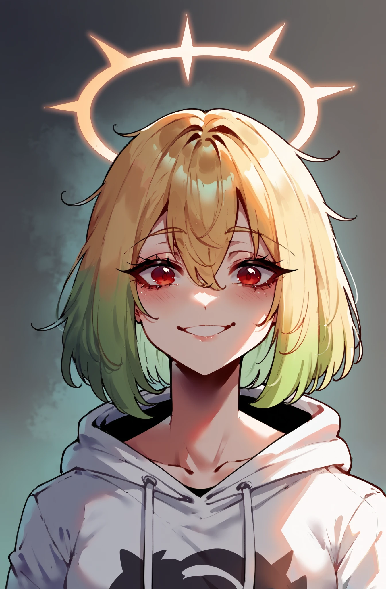 score_9,score_8_ upwards,score_7_ upwards,score_6_ upwards,score_5_ upwards,score_4_ upwards 1girl,One, half-turned , подняла голову upwards, a haughty look from under half-lowered eyelashes . Blonde girl blond golden hair , bangs, hair between the eyes with a bob cut , poisonous green hair , big red eyes , long lashes , shiny skin, sly smile, white modern overhead sweatshirt hooded size, one white shining angel wing behind your back, Halo above my head. dark background .