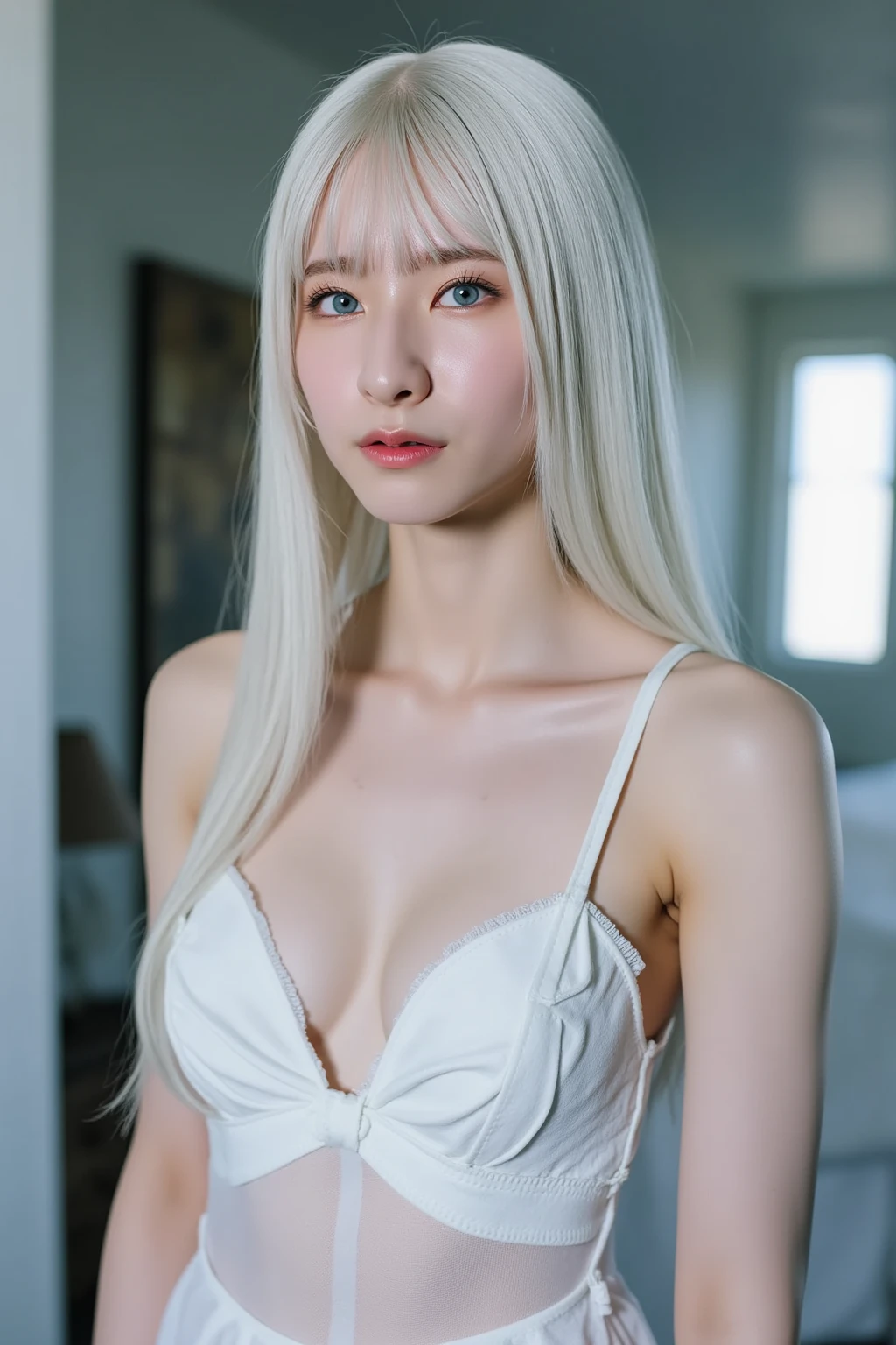 one girl、anatomy、angle above the knee、albino:1.3、unparalleled beauty、16 only、Silky white hair、clear blue eyes、plump lips、black long dress、black choker、sapphire pendant、Are standing、beautiful skin、dense skin、small breasts、that'It's small、silence、Raw photo、highest quality、ultra High resolution、High resolution、masterpiece:1.3、8k、professional photographer、