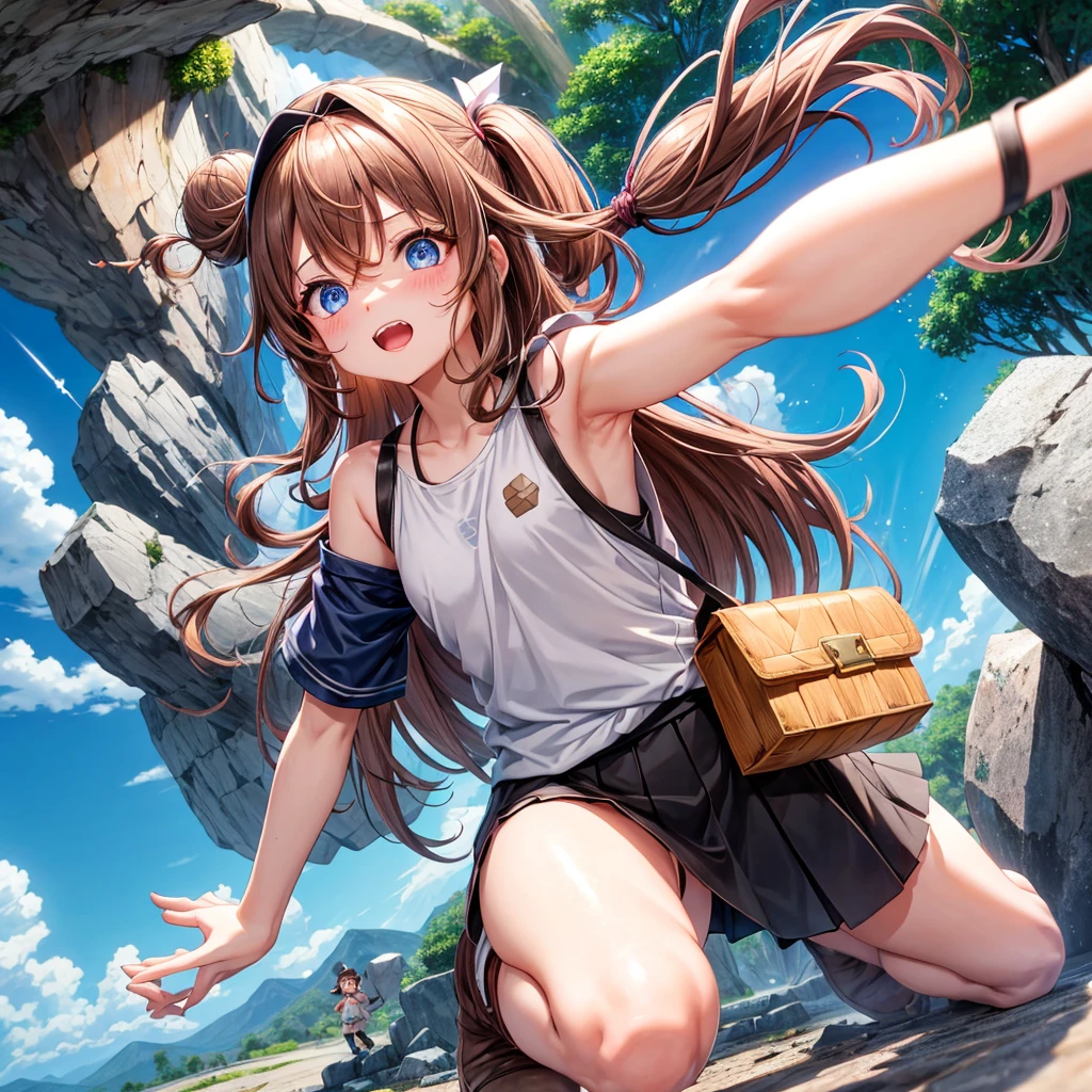 Brown, red, gold, golden hair、Red eyes、One good looking girl、solo、anime、Checkered mini skirt、Black camisole、Black T-shirt、hoodie、Wearing a ribbon、Ribbon on waist、Crystal Earrings、treasure石のネックレス、Light and shadow、Tilting face、Teeth are visible、Marble pillar、The floor is reflecting、Kind Face、Kuroko、treasure、wearing goggles on head、Feather coat