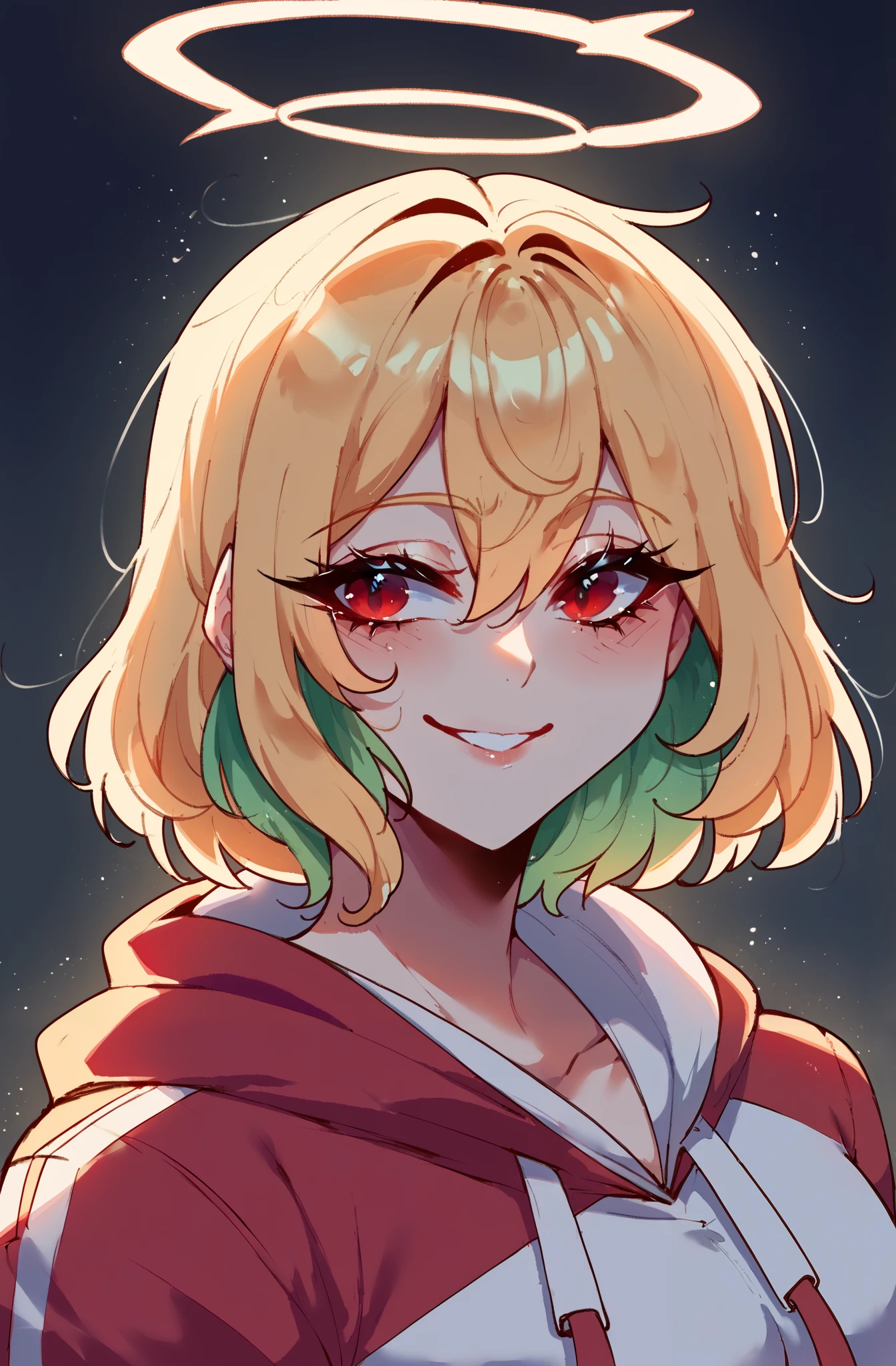 score_9,score_8_ upwards,score_7_ upwards,score_6_ upwards,score_5_ upwards,score_4_ upwards 1girl,One, half-turned , in profile , подняла голову upwards, a haughty look from under half-lowered eyelashes . Blonde girl blond golden hair , bangs, hair between the eyes with a bob cut , poisonous green hair , big red eyes , long lashes , shiny skin, sly smile, white modern overhead sweatshirt hooded size, one white shining angel wing behind your back, Halo above my head. dark background .