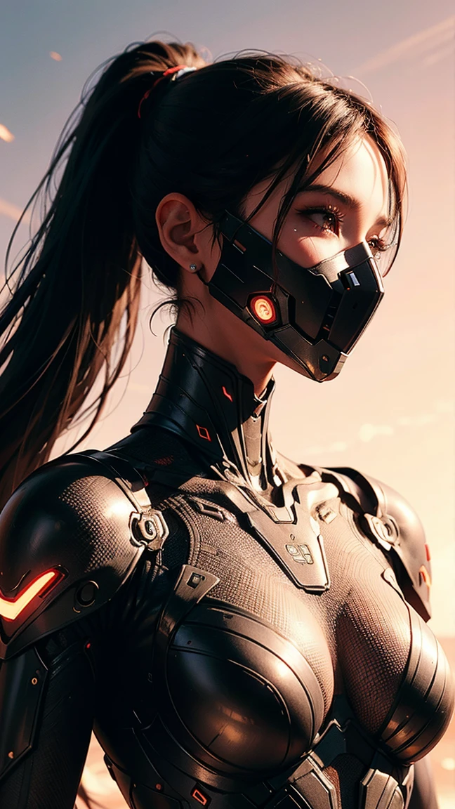 A mech woman,He has a delicate and beautiful face,Wearing a black mask,((Red and white semi-mechanical body:1.8)),Mature and sexy,side close-up,Cyberpunk,Futuristic,Mechanical aesthetics,Complex machinery,The background is a high-tech lighting scene in the future city,Unreal Engine 5,Perfect detail rendering,Octane Rendering,Ultra HD,Highest quality,Outstanding details,Ultra-high resolution,(Fidelity:1.4)
