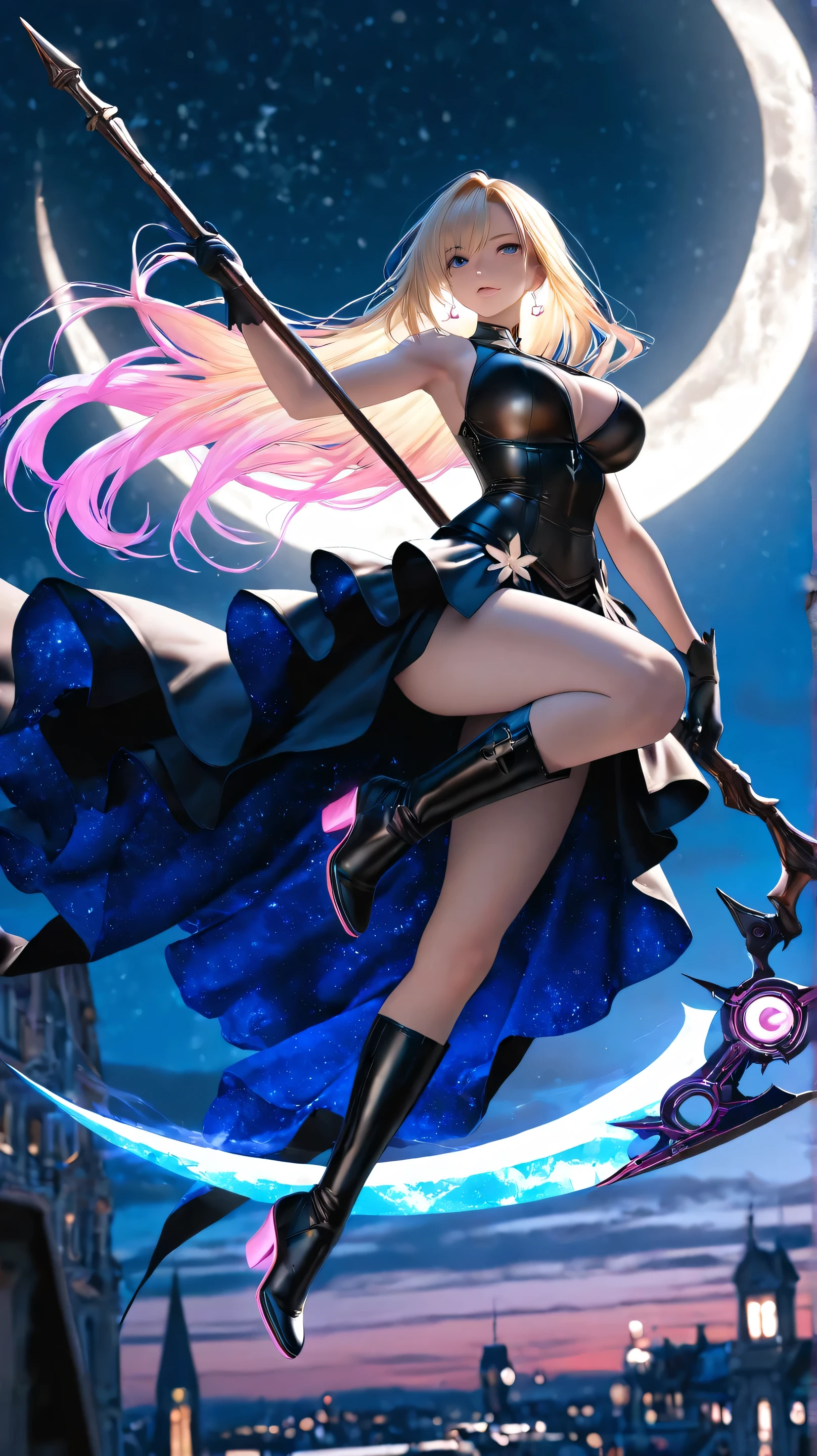 (Full body posing:1.5), (cartoony:1.5), (colorful:1.2), Dynamic angle, (extremely detailed CG unity 16k wallpaper:1.1), (Denoising strength: 1.45), (tmasterpiece:1.37), beautiful detailed glow, detailed ice, beautiful detailed water, red moon, (magic circle:1, 2), (beautiful detailed eyes), expressionless, beautiful detailed white gloves, own hands clasped, (floating palaces:1.1), azure hair, disheveled hair, long bangs, hairs between eyes, dark dress, (dark magician girl:1.1), black kneehighs, black ribbon, white bowties, midriff, {{{half closed eyes}}}, big forhead, blank stare, flower, large top sleeves, illustration, god rays, sparkle, glowing light, (((masterpiece))), best quality