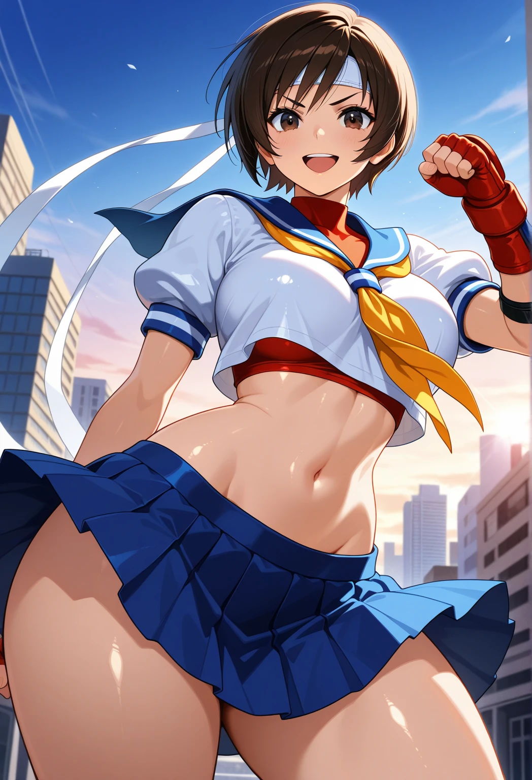 Sakura Kasugano jumping,bashful,white panties,shoot from below,ankle socks, blue skirt, crop top, headband, midriff, miniskirt, navel, sailor collar, , shoes, short sleeves, skirt, sneakers, socks, stomach, shirt, white shirt, white headband, gloves, red gloves,school sky,