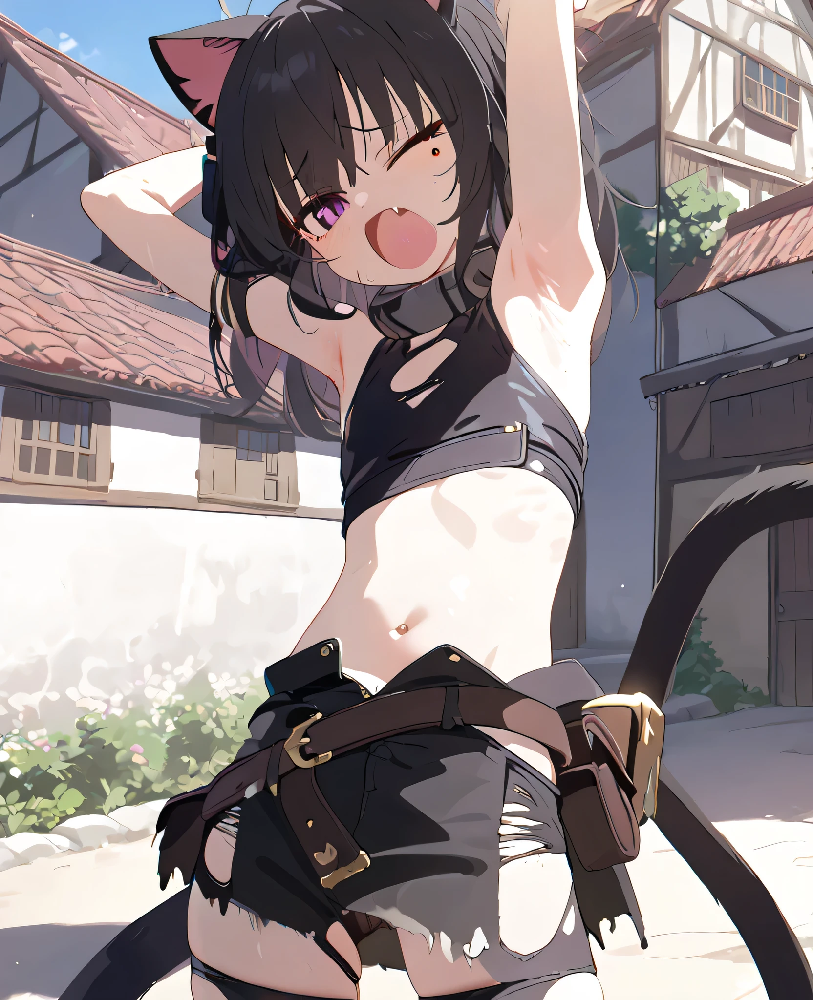 1 girl, 1 ite cat girl, , flat chest, traditional leather warrior clothing, sword on back, arms up, armpits focus, clean armpits. stretching, yawning, village, , navel, exposed midriff, ripped leather shorts, , exposed midriff, steel collar, skinny, cute fangs, single mole on left eye, black cat ears, soft purple eyes, sharp eyes, high quality, black hair, black high stockings, black cat tail, no boobs, high panties straps on waist, tsundere, one eye closed, TALL POV
