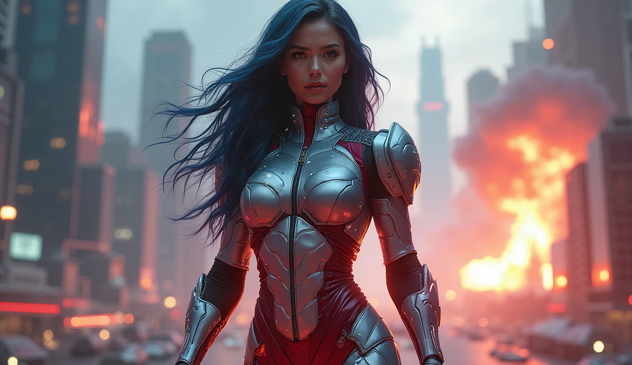 Woman in armor sitting cross-legged, city in ruins, blue hair, large breasts, red skin color
