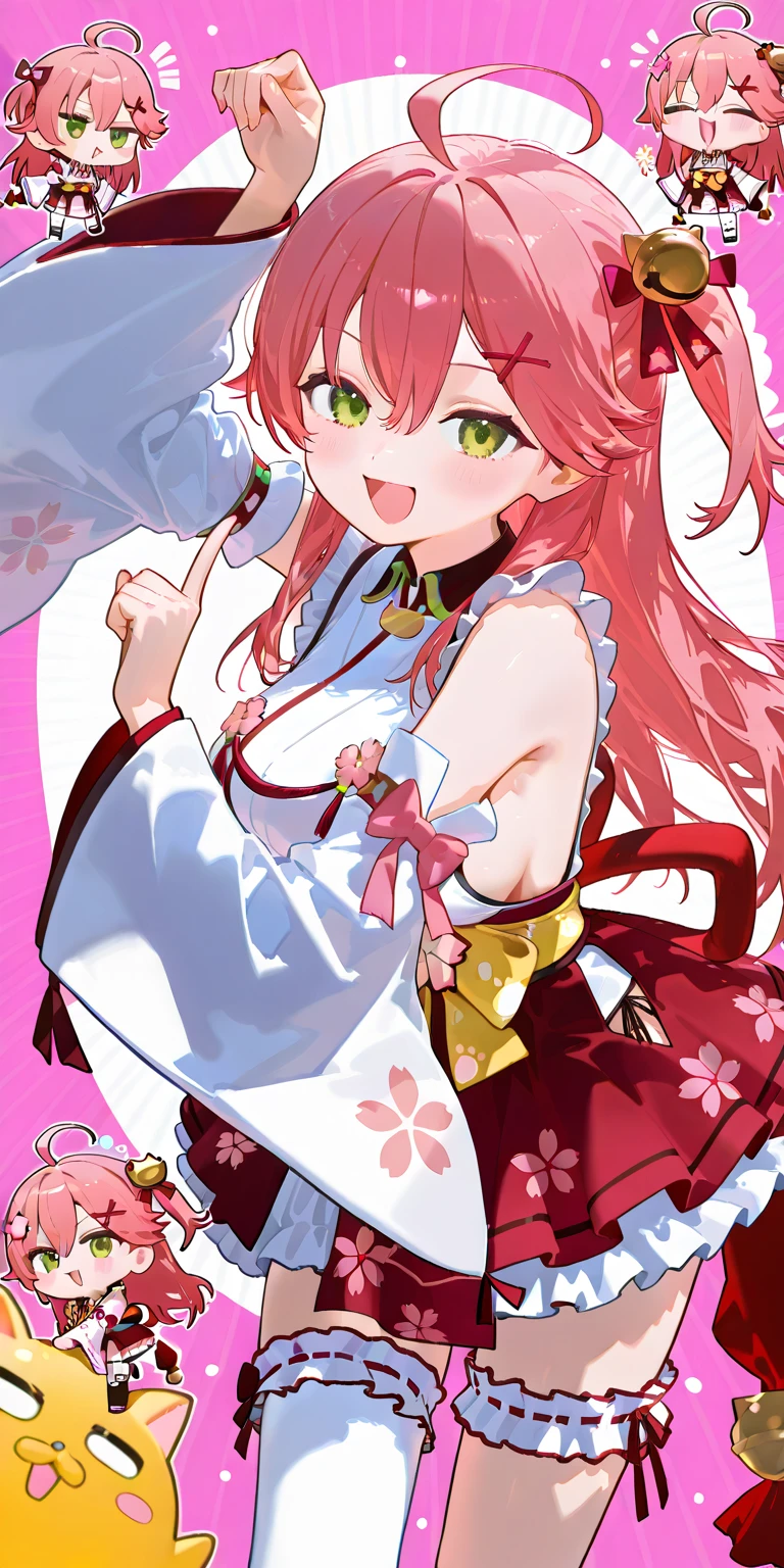 (solo:1.3),1girl\(Sakura Miko\(hololive,vtuber\) ,Mikochi,pink hair,ahoge,green eyes,hair bell,hair ornament,x hair ornament,hair bell,long hair,one side up,floral print,detached sleeves,cherry blossom print,sideboob,nontraditional miko, frills, single thighhigh, bridal garter,cute,kawaii,(chibi:1.3),happy,mad,mouth open,cute pose, cute hand sign, noisy, detailed pupils,restless\),(pop symbols:1.3) (cute background), (comical), (funny, comedy),angled. BREAK .masterpiece, high score, great score, very aesthetic, high resolution, ultra-detailed, absurdres, newest,(sfw:1.5),(sfw:1.5)