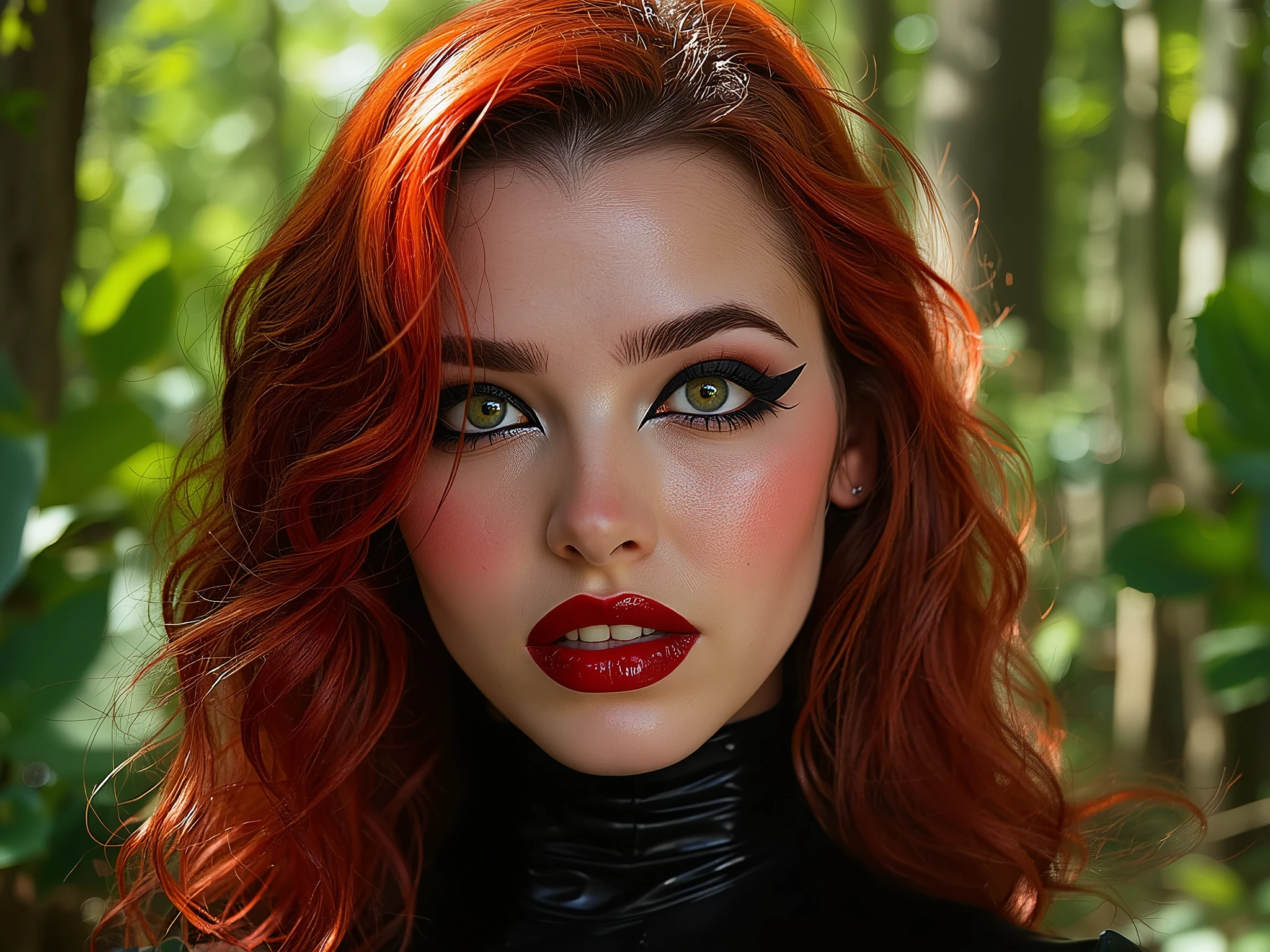 deep red lips, lip gloss, shiny lips, eyeliner flicks, thick eyeliner, latex outfit, cute makeup, red hair, green eyes, in a brightly lit forest,