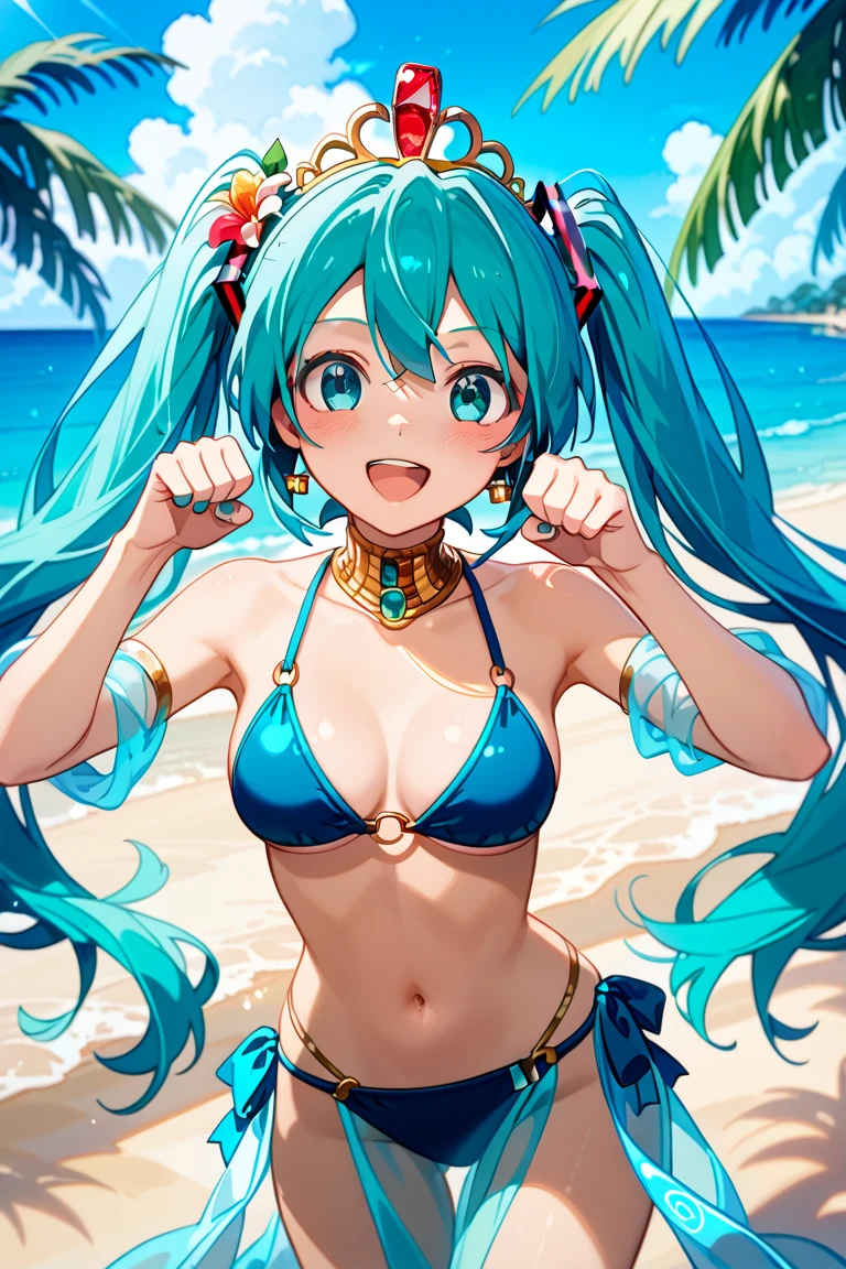 ((masterpiece, best quality)), high resolution,ultra detailed,8k,16k,detailed background, perfect lighting,detailed beautiful eyes, 1girl,solo,embarrassed,blush,show off nipple,steam,sweat,in heat,heavy breathing,saliva,drool stringing,drivel,(evil smile:1.2),look at viewer,(open mouth,oral,spread mouth,show oral:1.3),ahegao,close up face,(from above:1.2), (pov:1.4),(front view:1.2), provocative eyes,fisheye lens,be breathless,stick tongue out,kneeling,slender,fair skin,small breast,hair ornament, green hair, twintails, long hair,(swimwear,sea,summer)