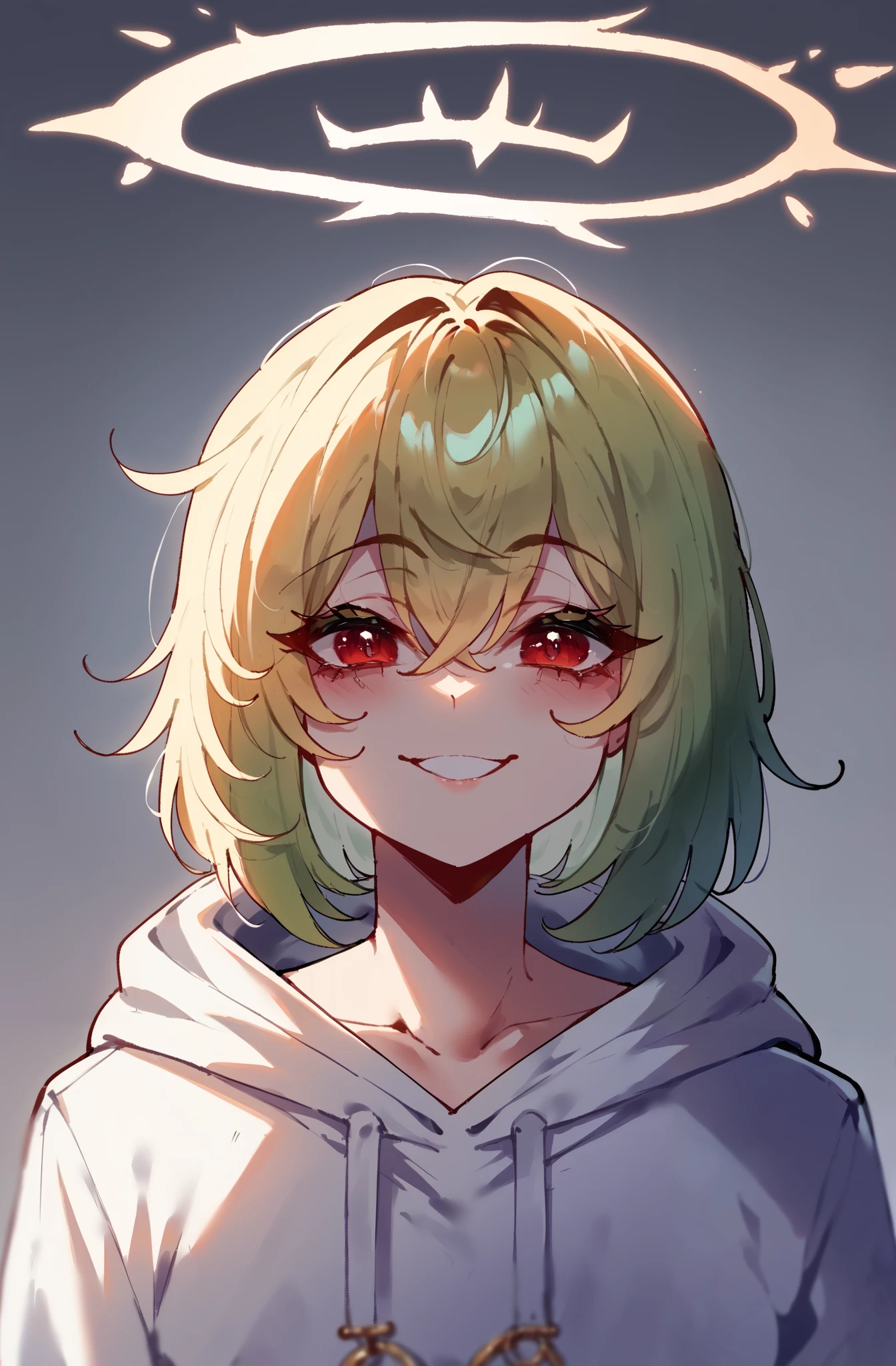 score_9,score_8_ upwards,score_7_ upwards,score_6_ upwards,score_5_ upwards,score_4_ upwards 1girl,One, half-turned , in profile , подняла голову upwards, a haughty look from under half-lowered eyelashes . Blonde girl light golden hair , bangs, hair between the eyes with a straight bob cut, poisonous green hair , big red eyes , long lashes , shiny skin, sly smile, white modern oversized hoodie, one white shining angel wing behind your back, Halo above my head. dark background .