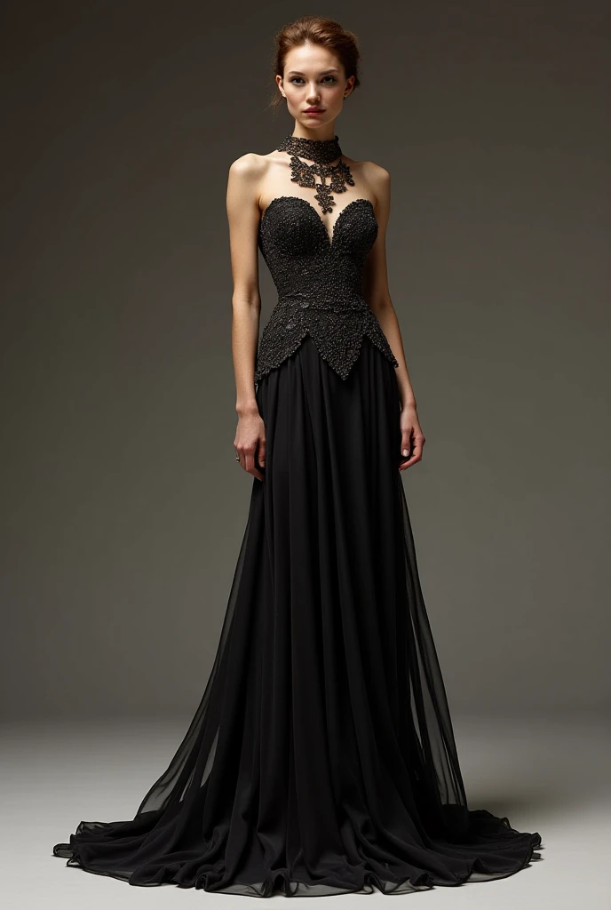 Create a gala dress to wear for a night at a negotiation in Europe, and the restaurant is European.