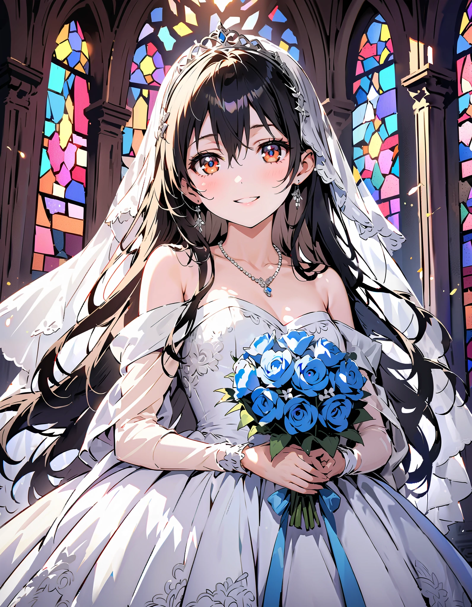 Sonoda Kai , long hair, bangs, brown eyes, lantern,smile,, open your mouth , off shoulder wedding dress, wedding long skirt with a bouquet of flowers in both hands, Veil, tiara , necklace,bouquet, Blue Flower, standing, stained glass ,whole bodyが illustration with eyes hangingに入るように, break indoors, Chapel,church,
break looking at viewer,whole body,
break ( Masterpiece:1.2), Top Quality, nothing , Unity 8k Wallpaper, ( illustration with eyes hanging:0.8), ( beautiful eye with attention to detail :1.6), Very Exquisite Face , perfect lighting , very detailed CG , ( Perfect Hands, perfect anatomy),