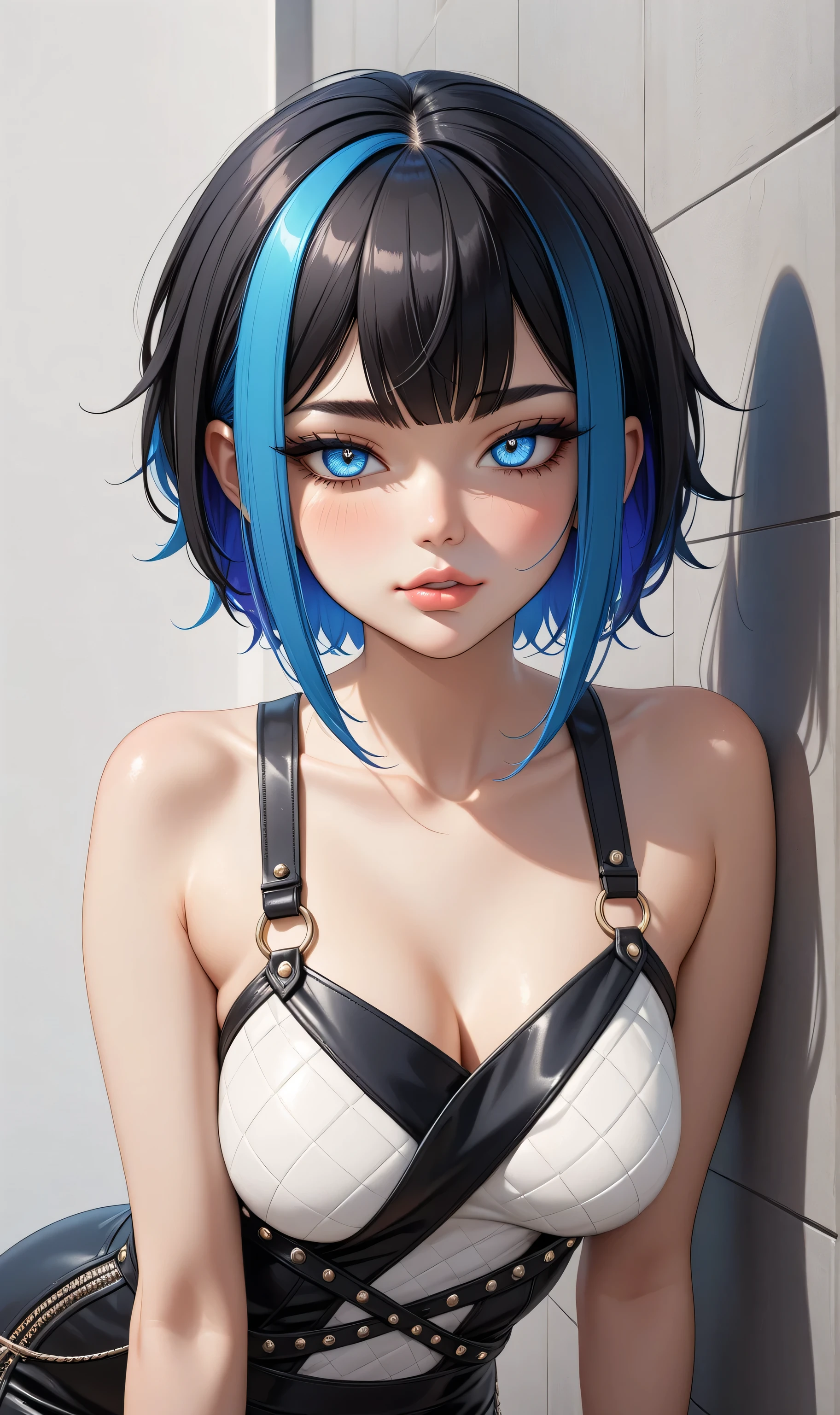 (A photo of upper body), Beautiful face, Highly detailed face and skin texture, (Detailed eyes), Brown eyes, Double eyelids, Thin eyebrows, Glitter eyeliner: 1.2, Natural cheeks, Shiny skin, Fair skin, (((wearing casual clothes))), Glitter necklace and earrings, (Shiny lips: 1. 4), (Seductive smile), (20 years old), (Wavy hair, Diagonal bangs), ((blue hair)),Short hair, ((Upper body shot)), ((Focus on chest and face)), Medium large breasts, Upturned breasts.
