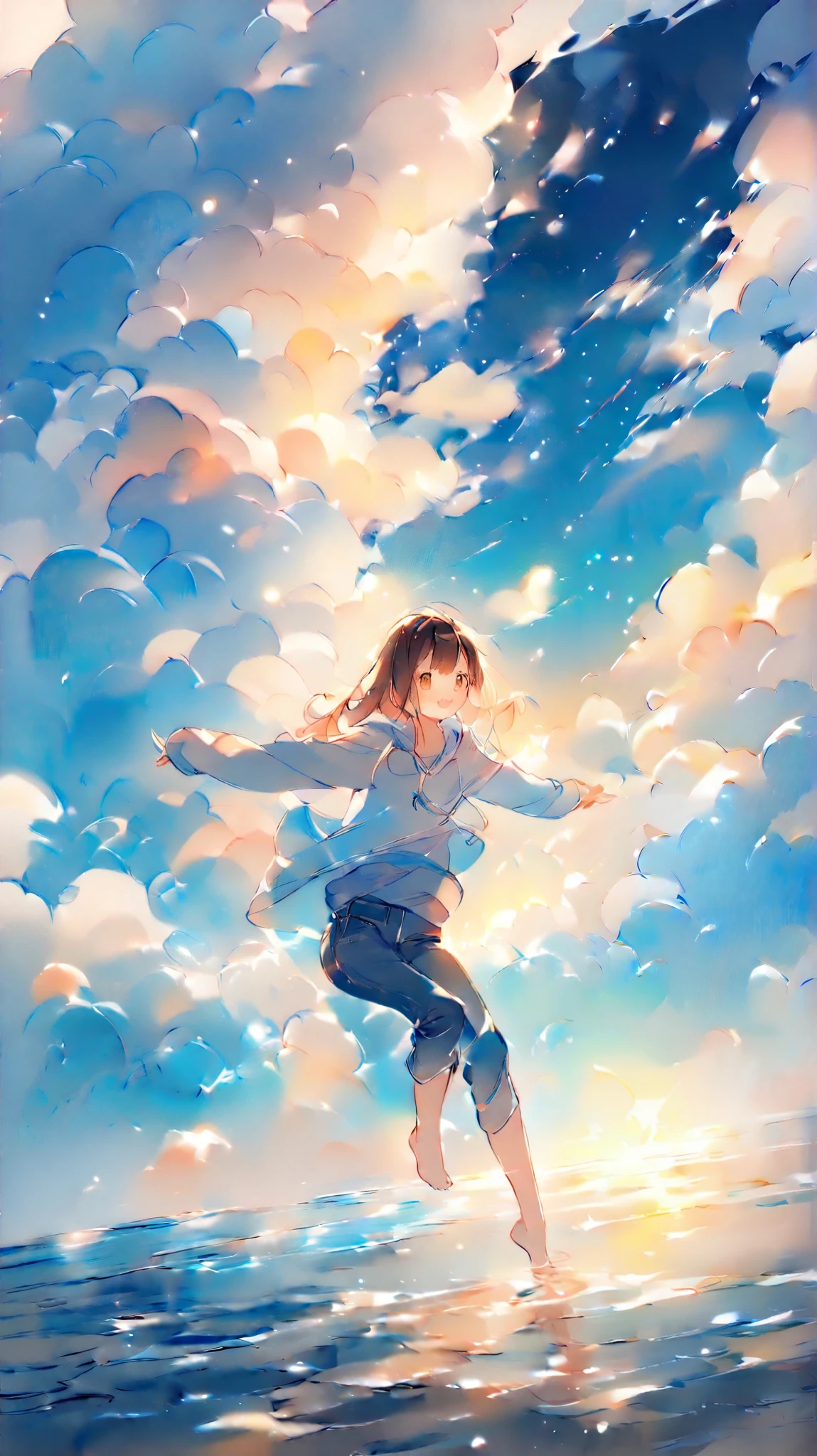 Masterpiece, top quality, watercolor, Full body angle:1.5, in the seat, loose hoodie 、7Cropped trousers、 denim、 Sky Reflected on Sea Surface 、 Mirror-like water surface 、Reflective water surface、I can see your ankles、 barefoot、sunset、Beautiful sky, close, bright, happy, warm and soft lighting, sunset, (:0.7)