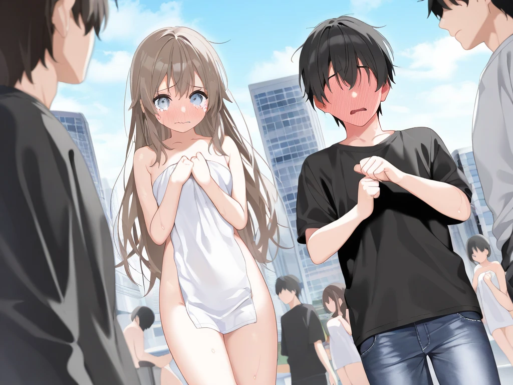 (Group health checkup with shoes removed)、Crowd of wide-eyed naked women with messy hair、Many elementary school boys are lining up to have fun...、surround each other'face、lively、laughter、Stand by、long shot、dynamic angle、doctor and nudist patient、storehouse
