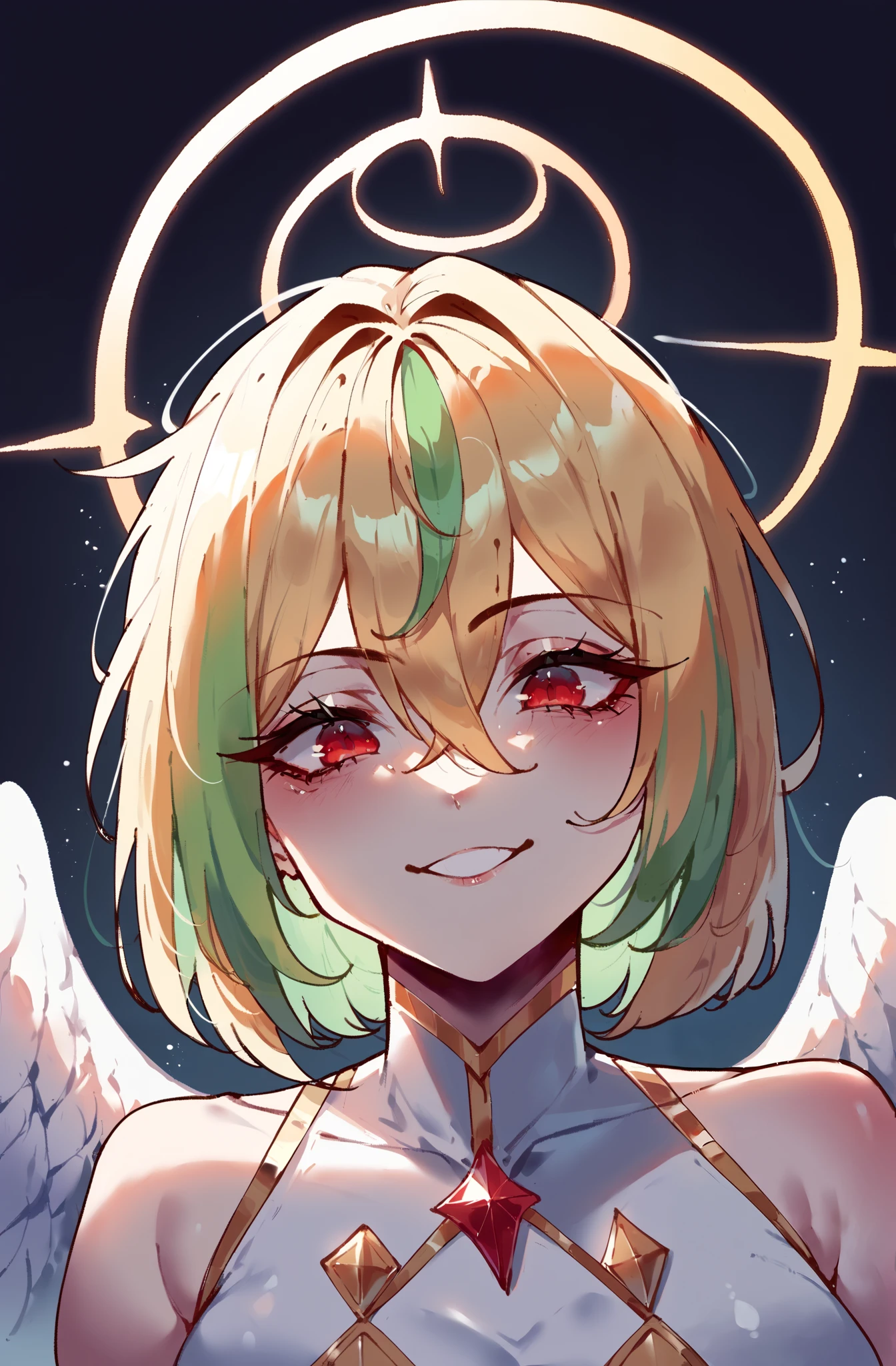 score_9,score_8_ upwards,score_7_ upwards,score_6_ upwards,score_5_ upwards,score_4_ upwards 1girl,One, half-turned , подняла голову upwards, a haughty look from under half-lowered eyelashes . Angel, one white shining angel wing behind your back, Blonde girl blond golden hair , bangs, hair between the eyes with a bob cut , poisonous green hair , big red eyes , long lashes , shiny skin, sly smile, white modern overhead sweatshirt hooded size, Halo above my head. dark background .