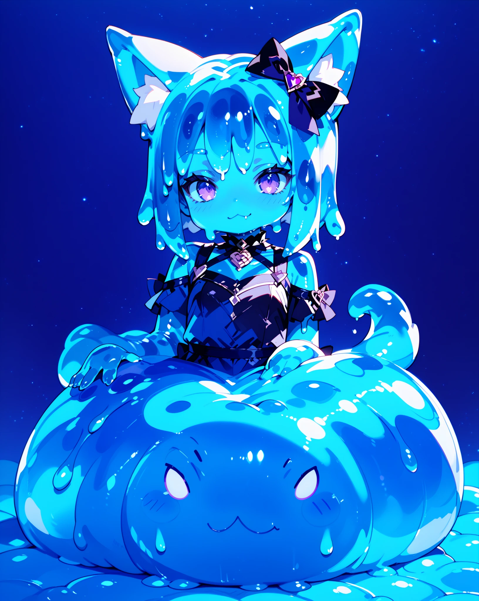  ((masterpiece,best quality,ultra-delicate,Perfect Face,16k,high resolution,very beautiful girl)),blue slime girl,high viscosity slime body,,bunny ears,large breasts,red bowtie,smile,melting legs,nude,blue slimy caves,chibi
