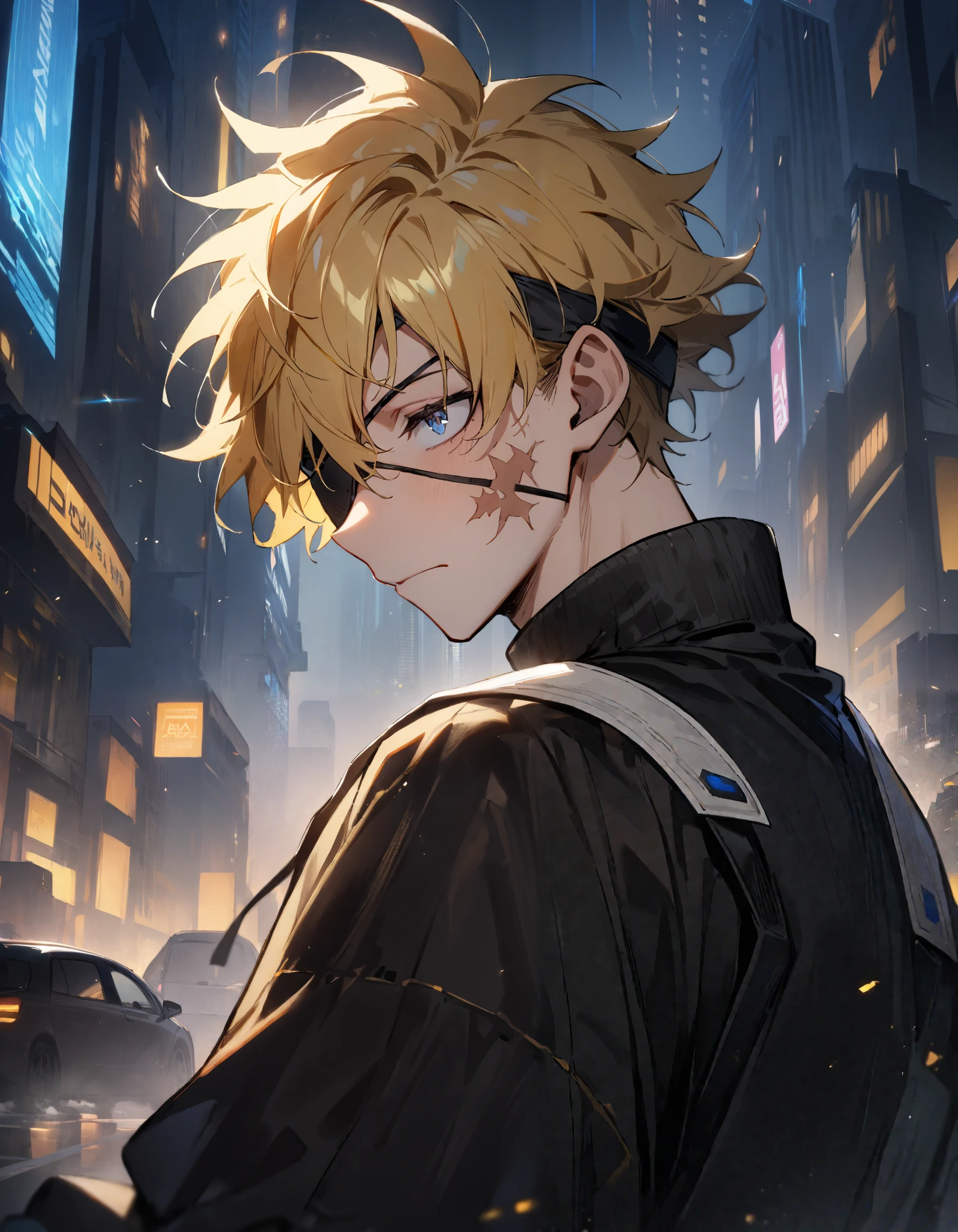 1 boy, Age 25、 bright yellow hair 、 masterpiece, top quality, The background is a futuristic city 、Eye patch、Scar on cheek