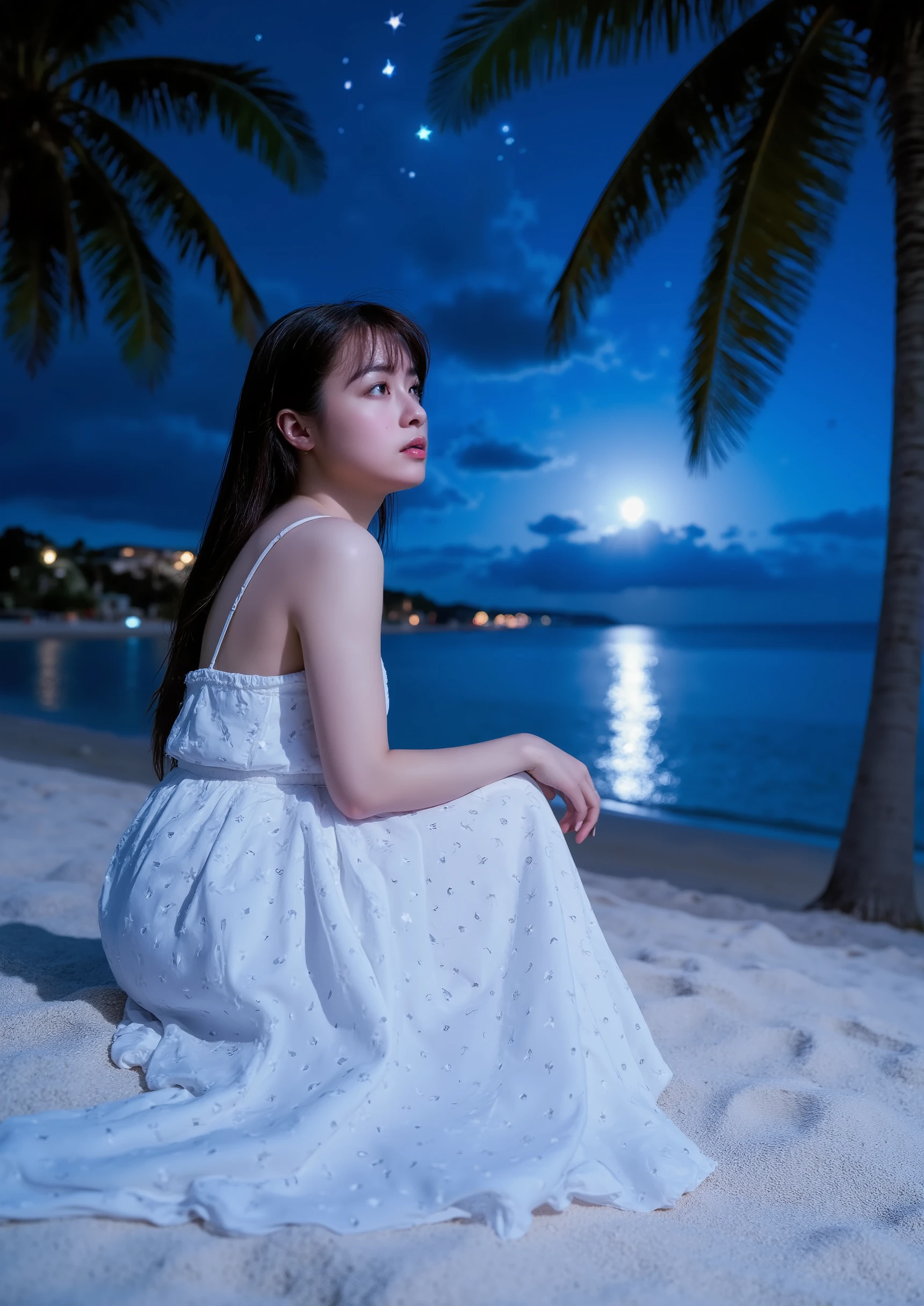 Realistic beautiful single girl 、 long, maroon hair with bangs、 clear white skin 、 balanced body、She's sitting facing me、 A Midsummer Night's Dream、 palm trees、 white sands of the calm sea where the moon sets 、Sitting on a sandy beach and staring at the stars in the sky 、Stars full of stars in the sky 、 fairy tale
