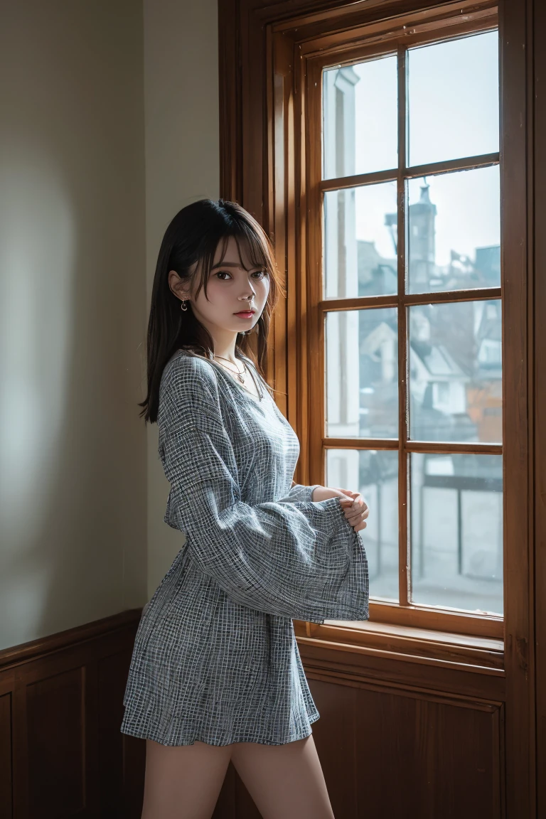 A beautiful woman wearing modern clothes in light blue tones. Black hair. The woman looks over her shoulder at the camera as she prepares to enter the wormhole. 8K image quality.
